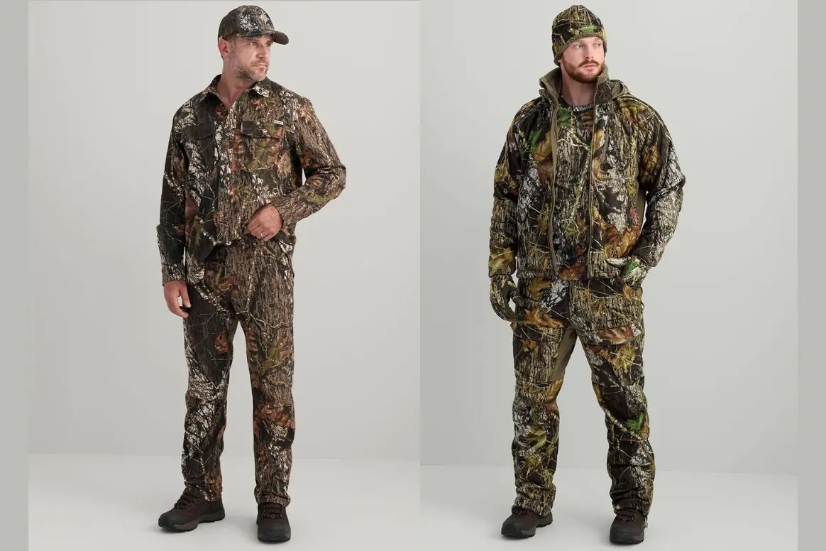 Two men next to each other both wearing camo clothing.