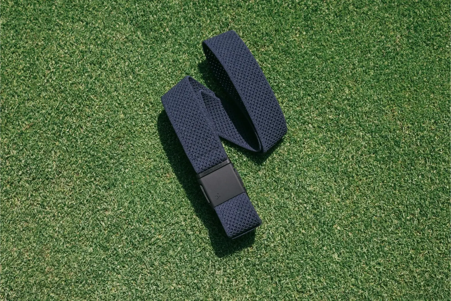 Navy belt with black buckle on golf green.