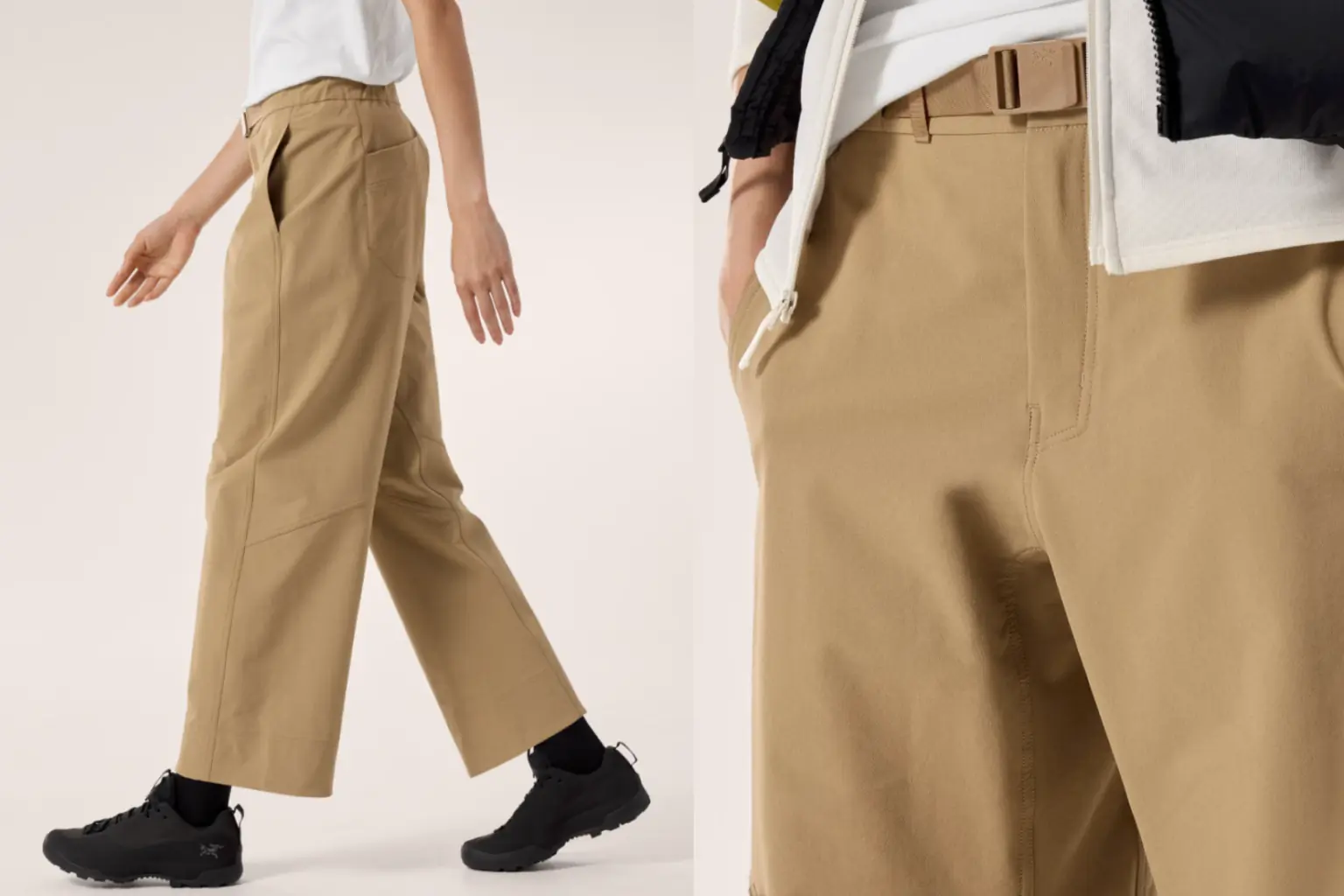 Side by side of person wearing tan hiking pants. 
