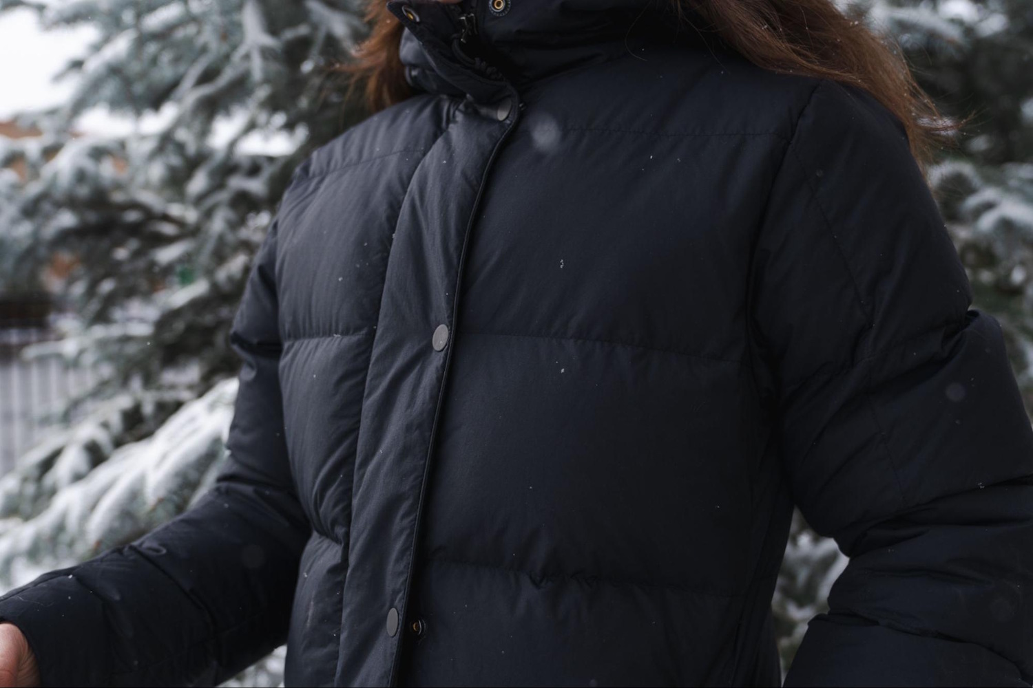 Close-up of REI norseland parka showing snap buttons and a high, padded collar.
