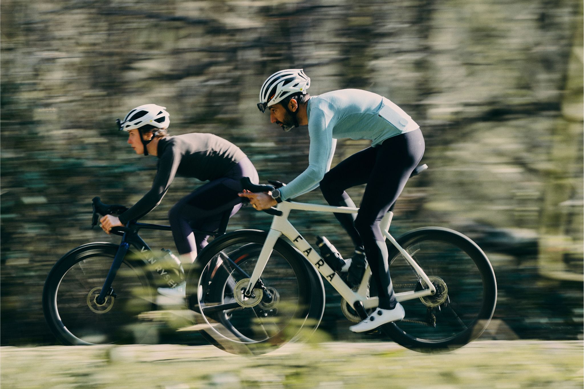 Side by side of people riding bikes outside