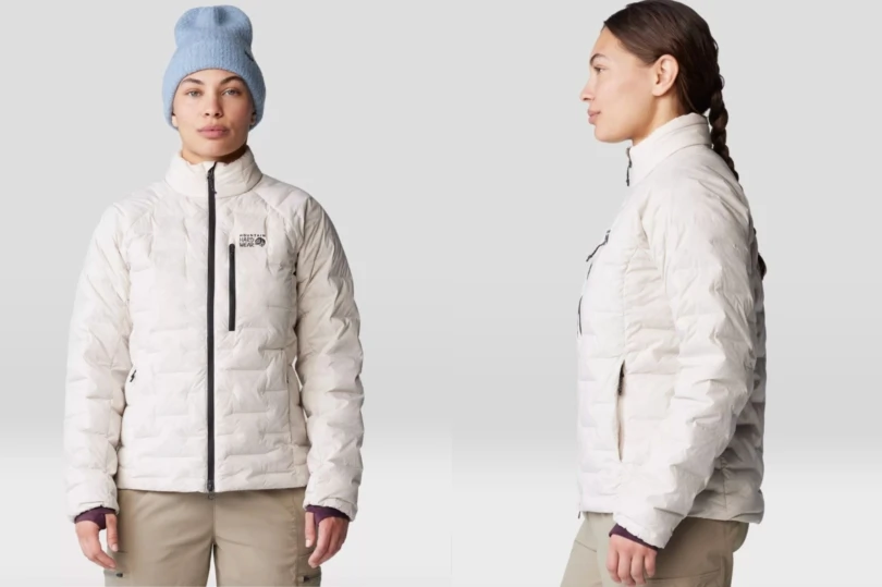 Side by side of woman wearing white down jacket