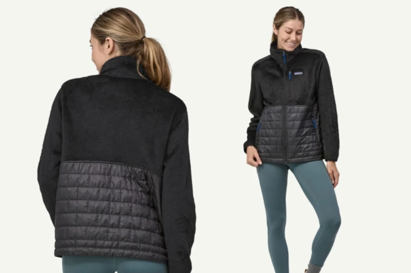 Side by side of woman wearing black fleece Patagonia Jacket