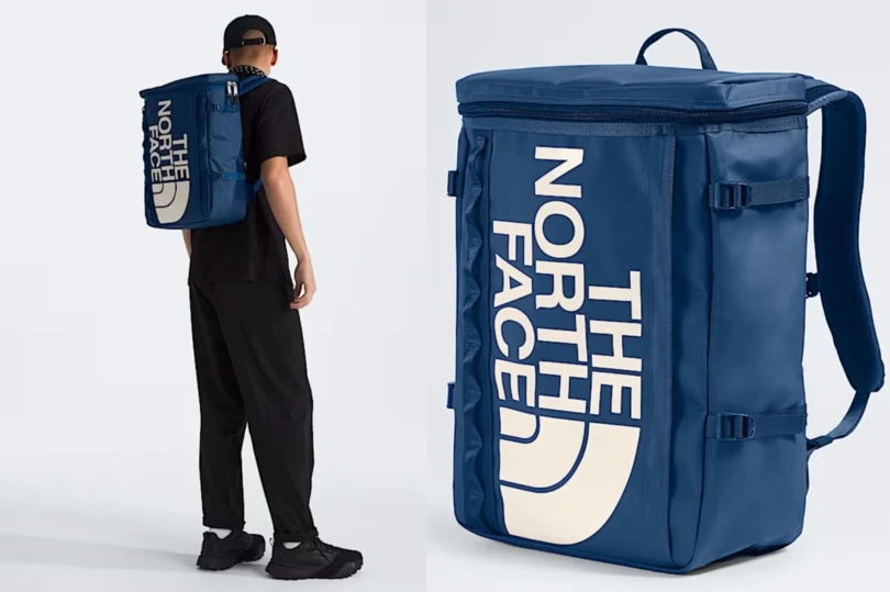 Side by side of person wearing blue North Face backpack and then a close up shot of the backpack