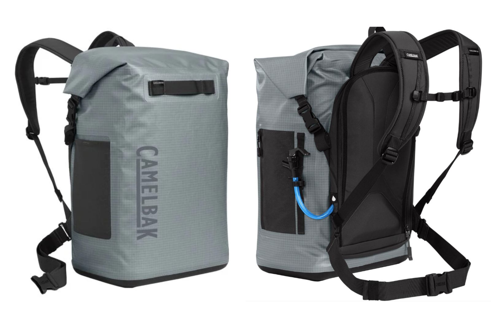 Side by side showing front and rear view of gray cooler backpack