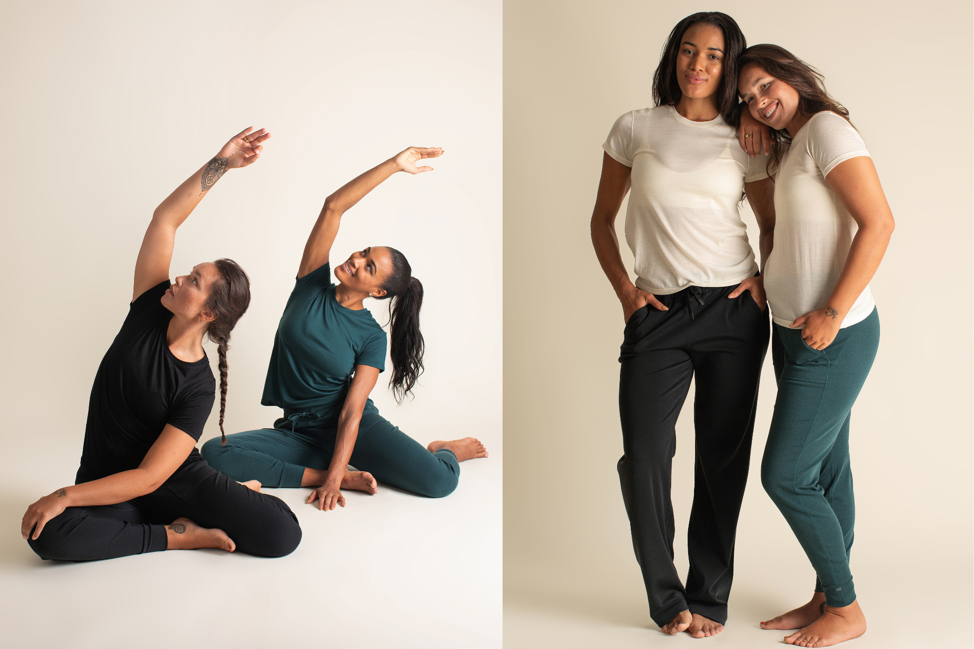 side by side shots of women stretching and then women standing next to each other in yoga clothing