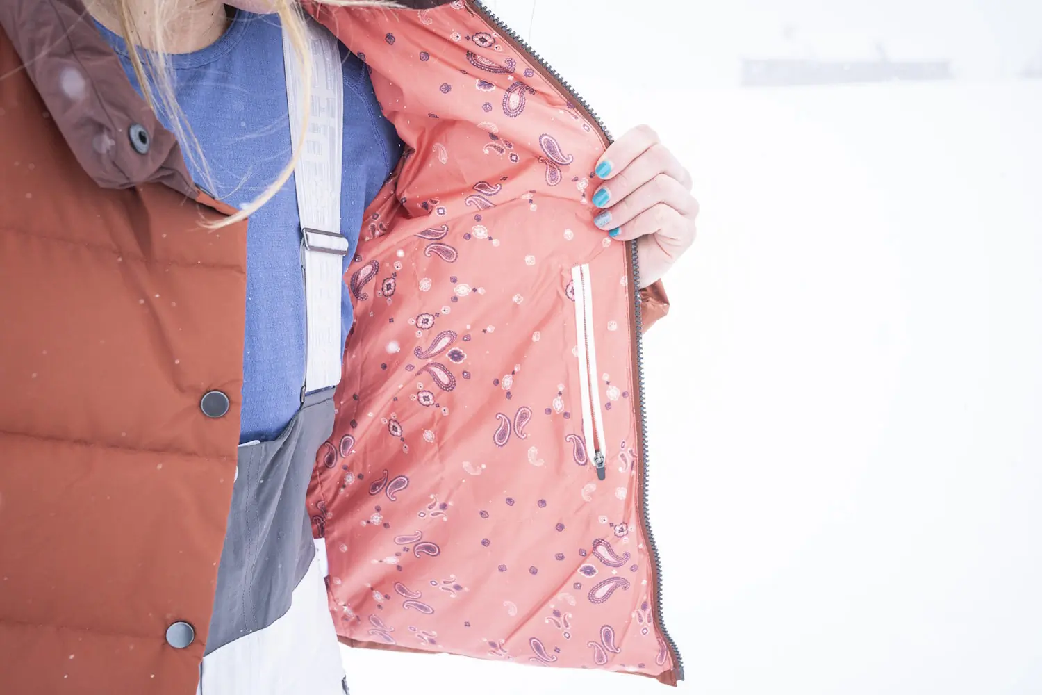 Interior view of Stio Women's Turnbolt Down Jacket, revealing the paisley printed lining.