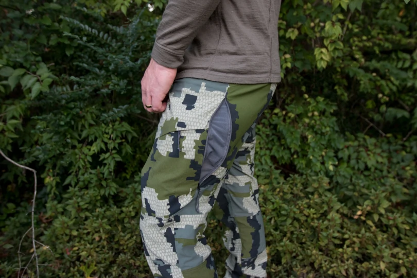 Hip vents unzipped on hunting pants