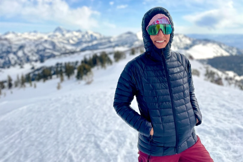 Mountain Hardwear Ghost Whisperer Hoody in black on snowy terrain