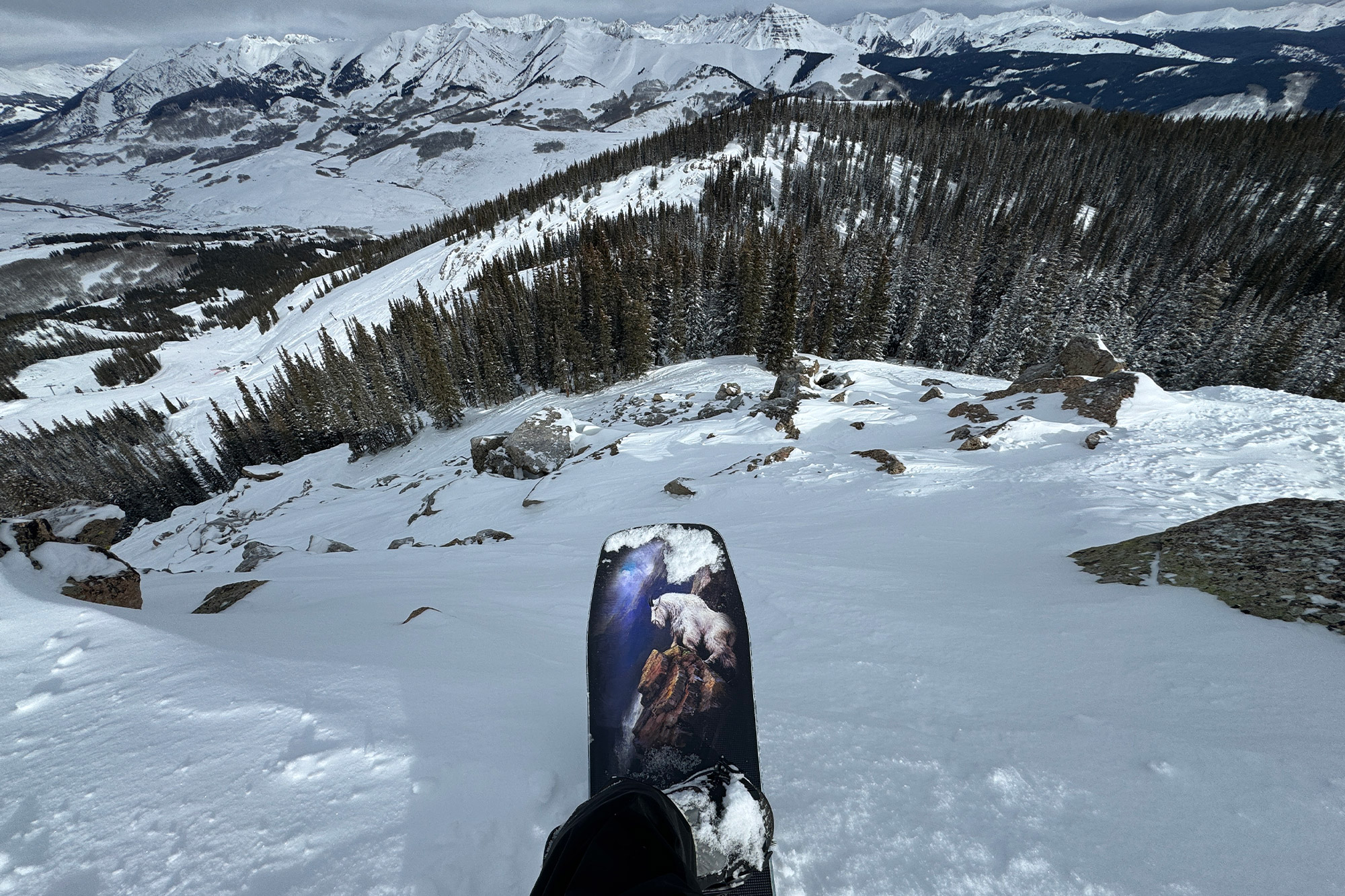 Mountain Goat Graphic of the Never Summer Nohku board with scenic bacground