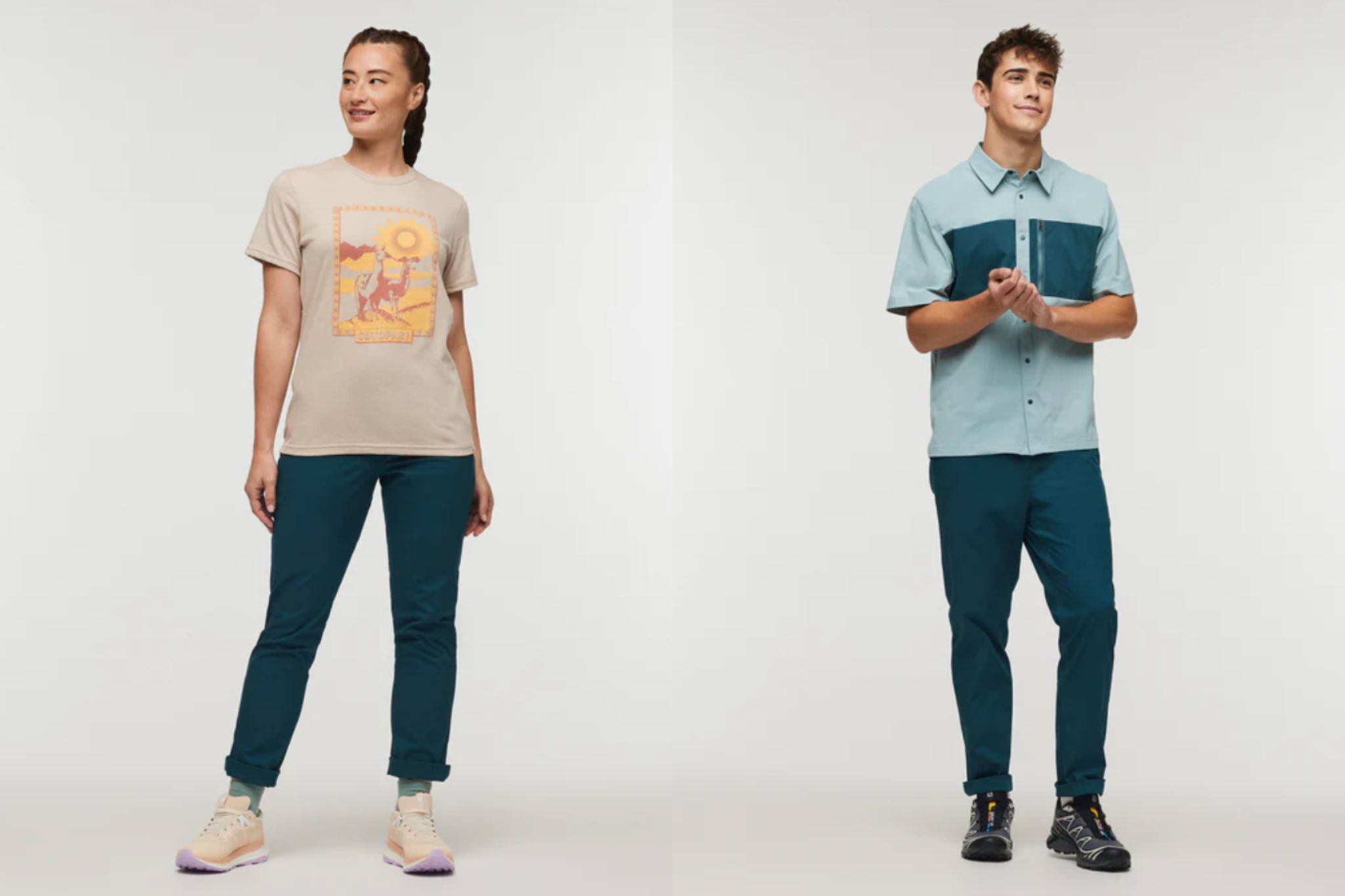 Side by side of woman and man wearing blue outdoor pant