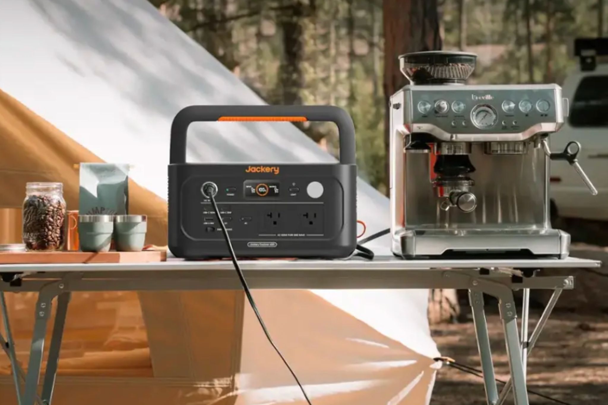power station on table at camp hooked up to an espresso machine
