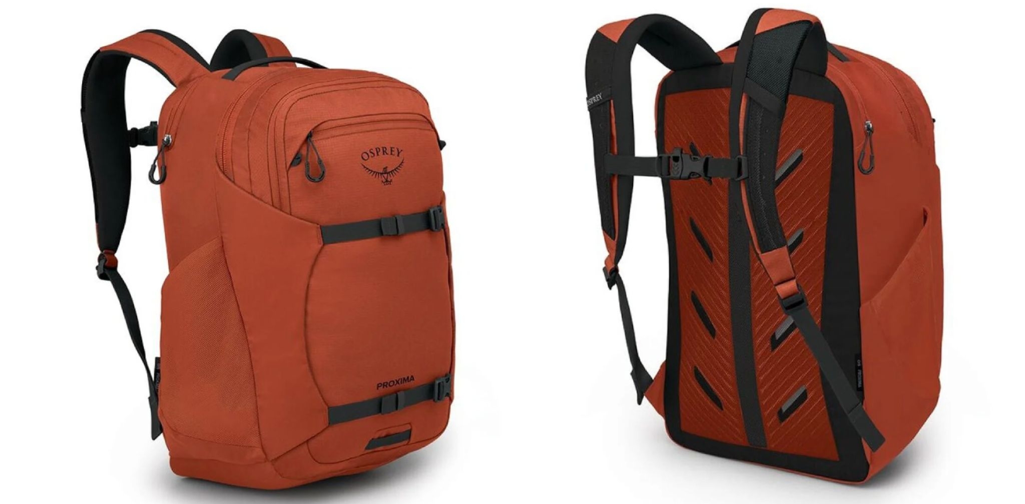 side by side of front and back of orange backpack