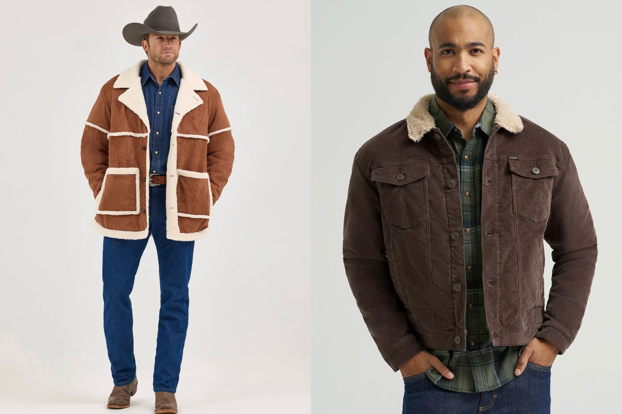 side by side of two men wearing sherpa lined jackets