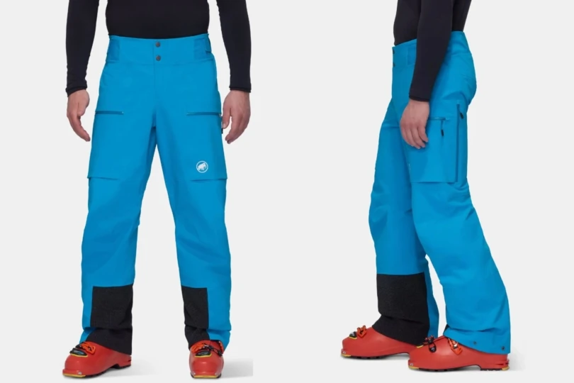 Side by side of front and side view of men's blue ski pants