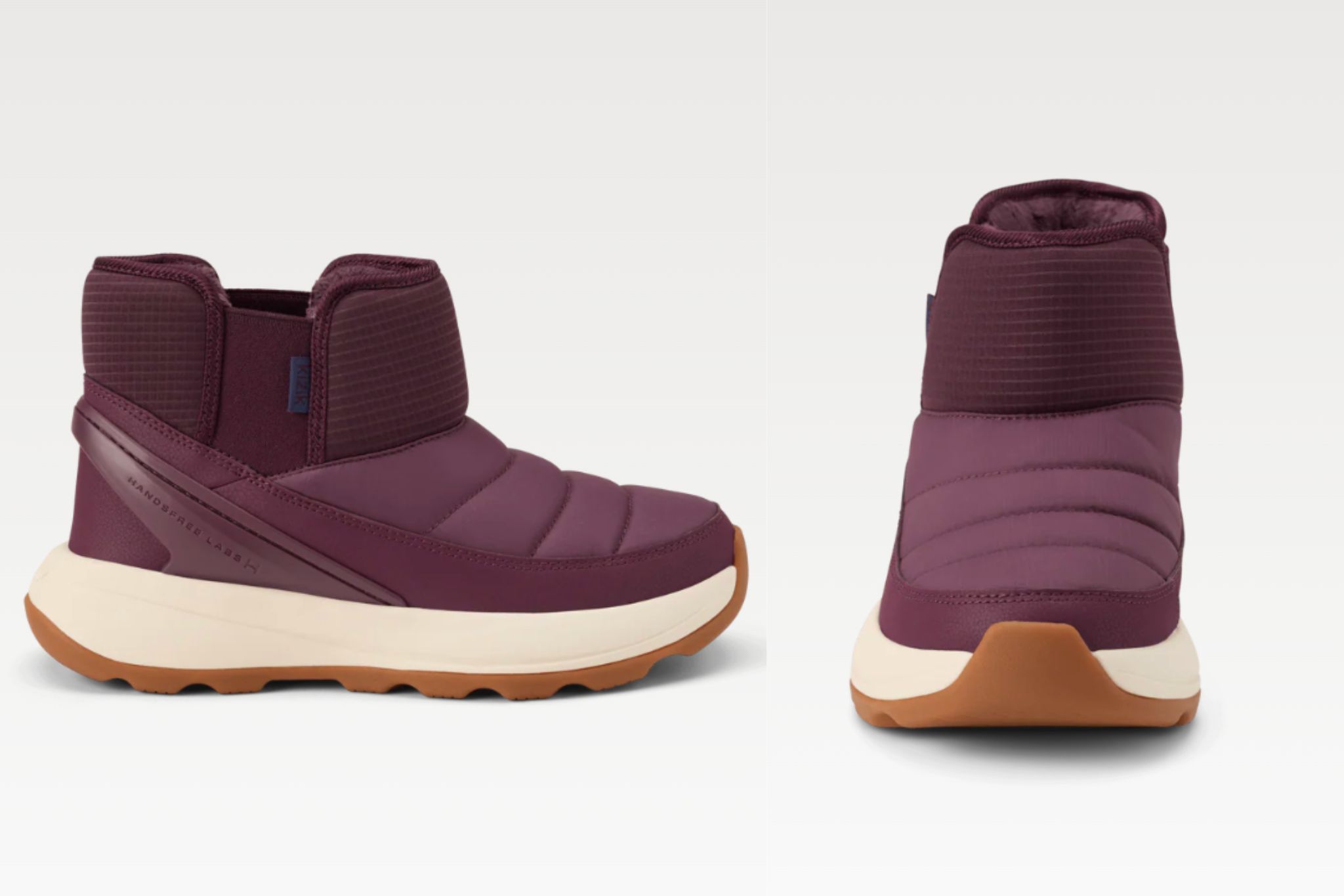 side by side shot of front and side of purple snow boot