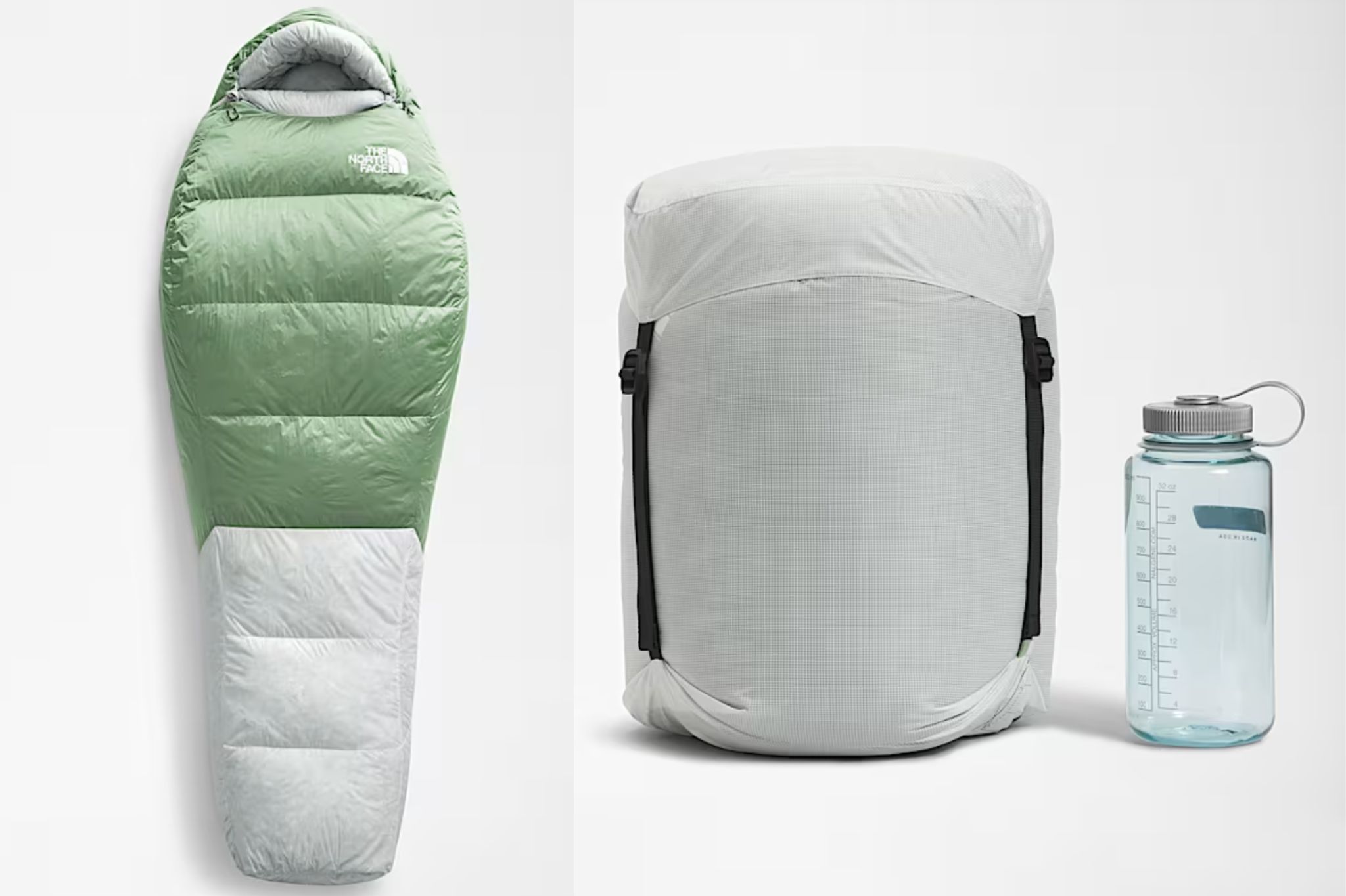 side by side of green sleeping bag laid out and sleeping bag in bag next to nalgene bottle for scale