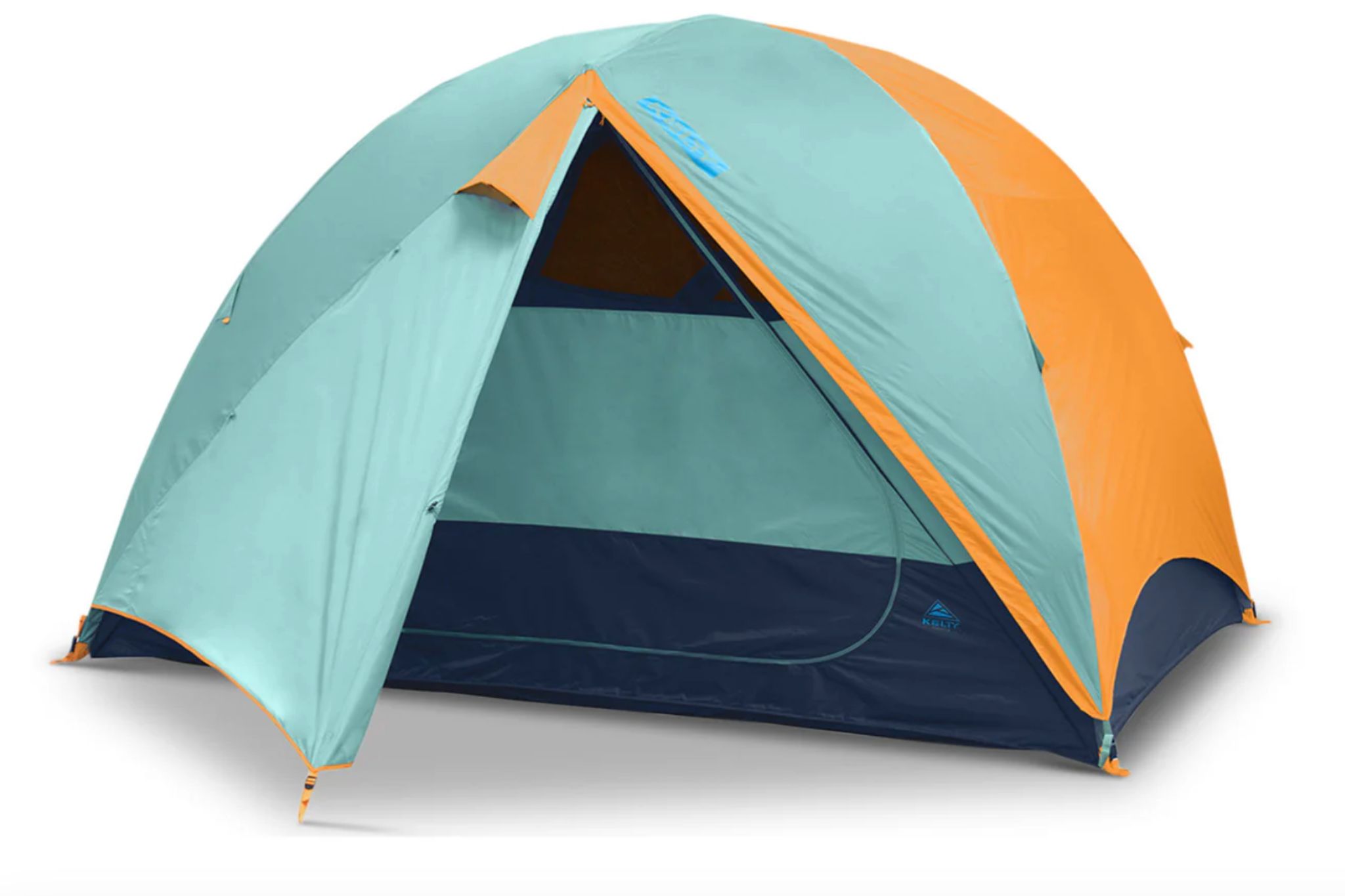 Blue and yellow tent set up