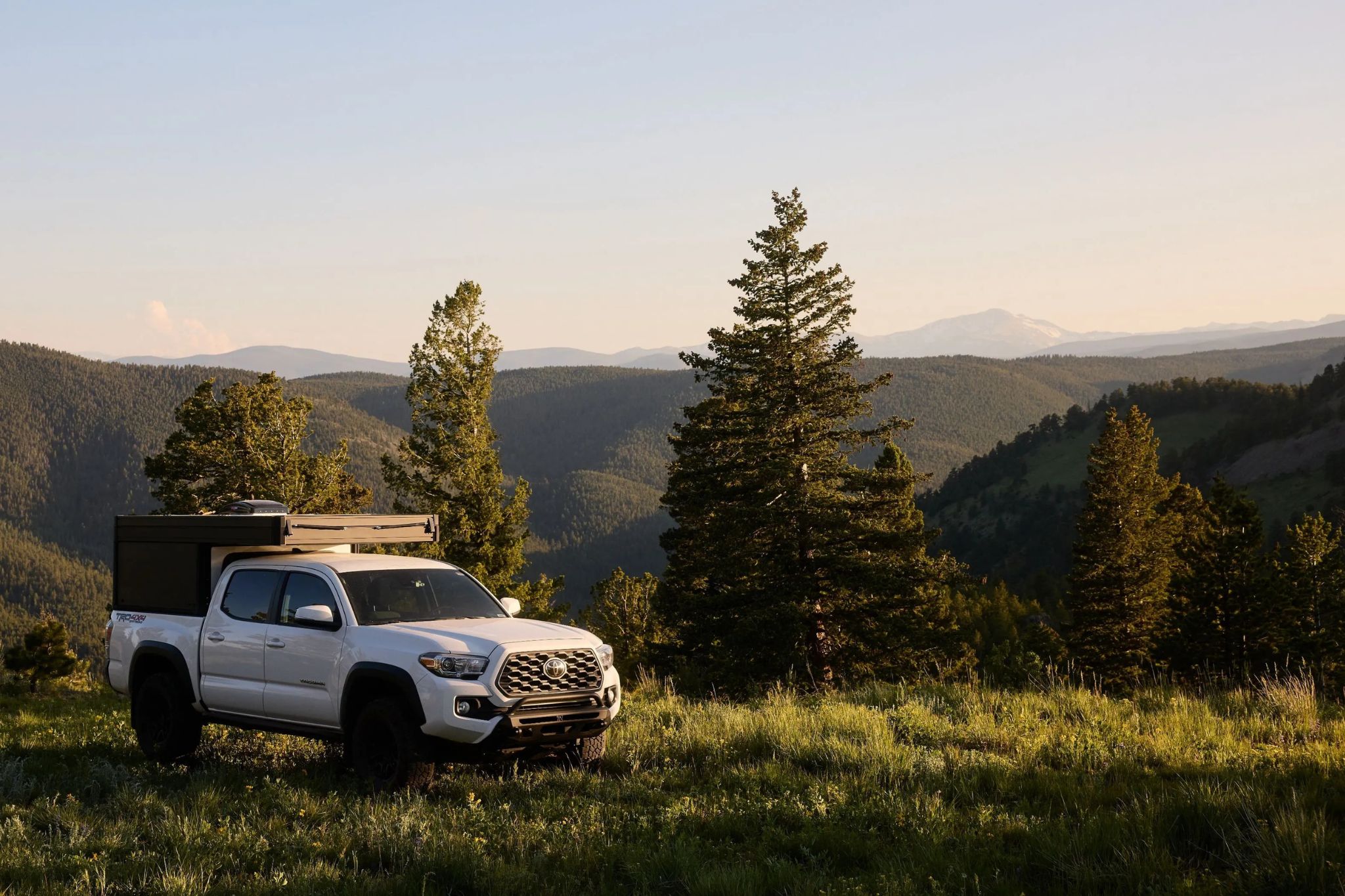 Car with pop-up camper in mountain meadow