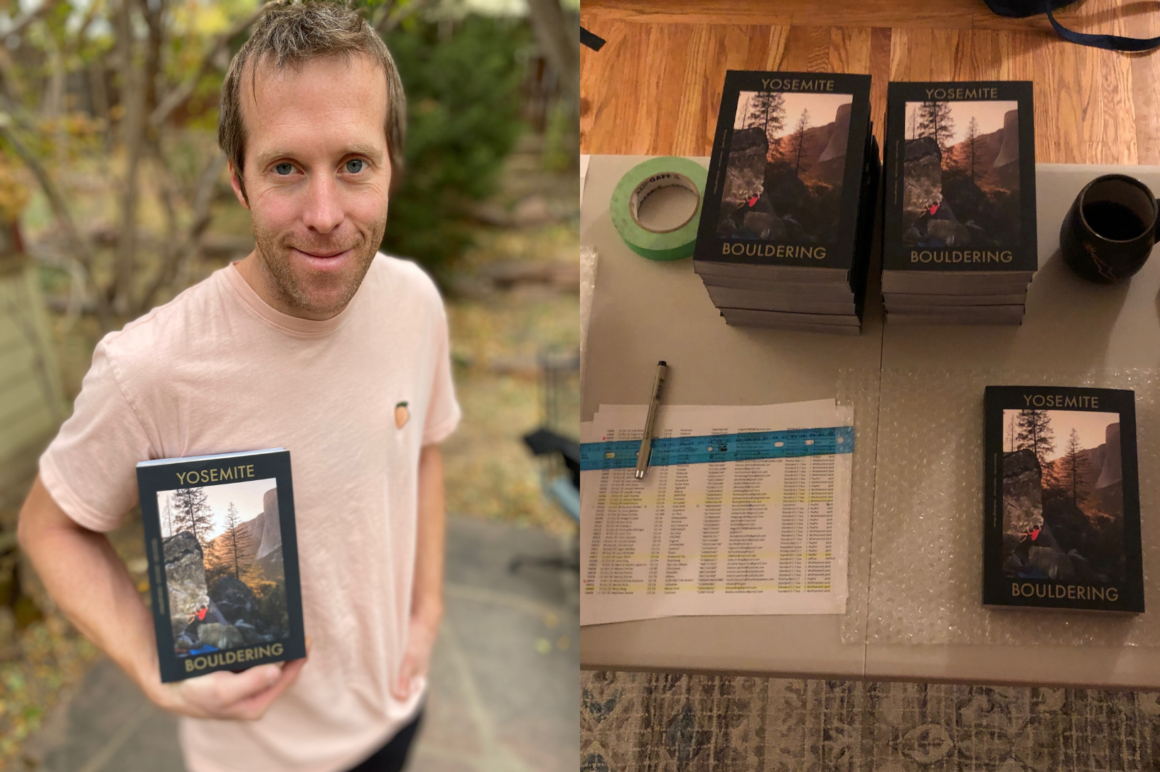Side by side of person holding guidebook and then a mailing list on a table with guidebooks
