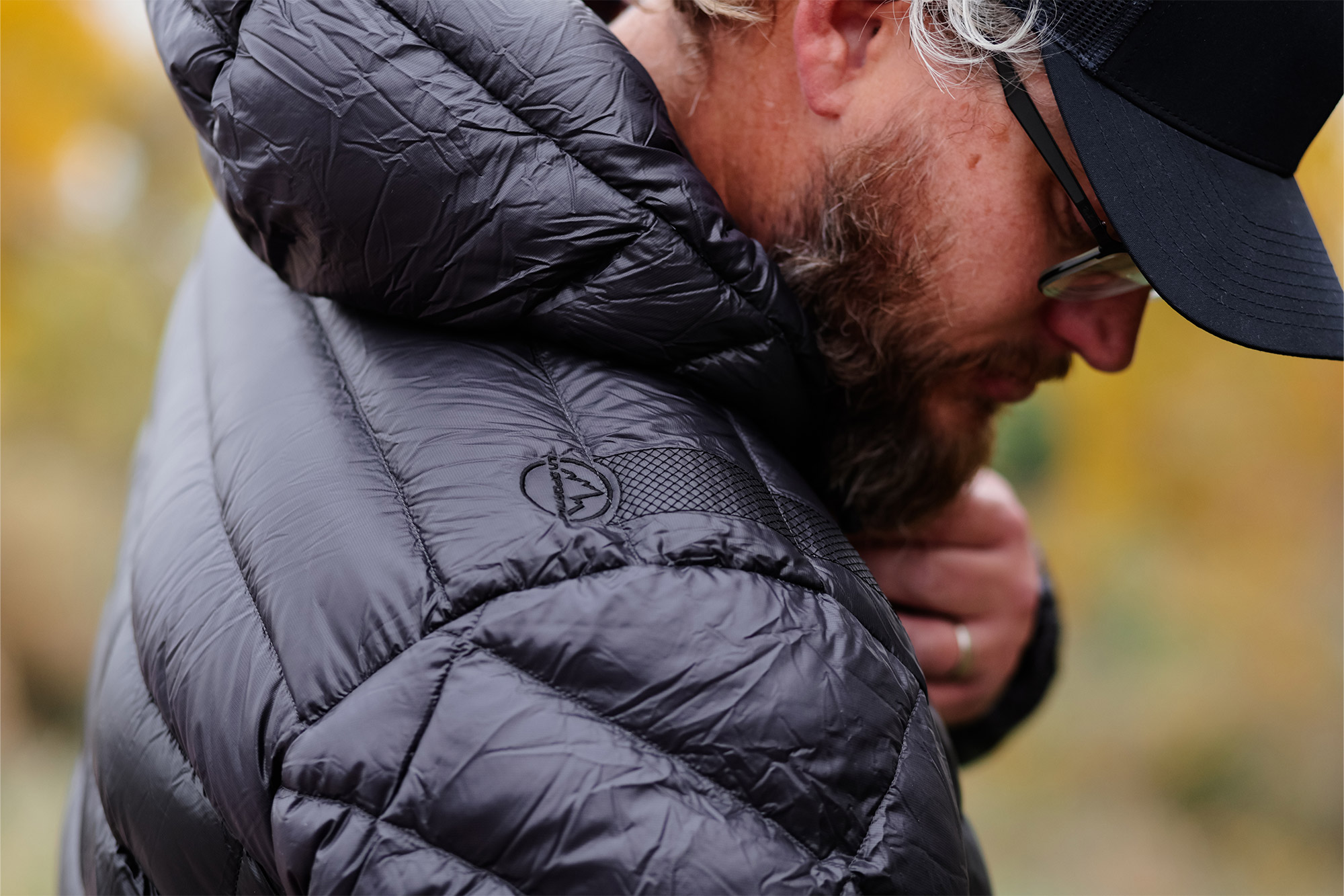 Detail of the shoulder section showing the stitched La Sportiva mountain emblem