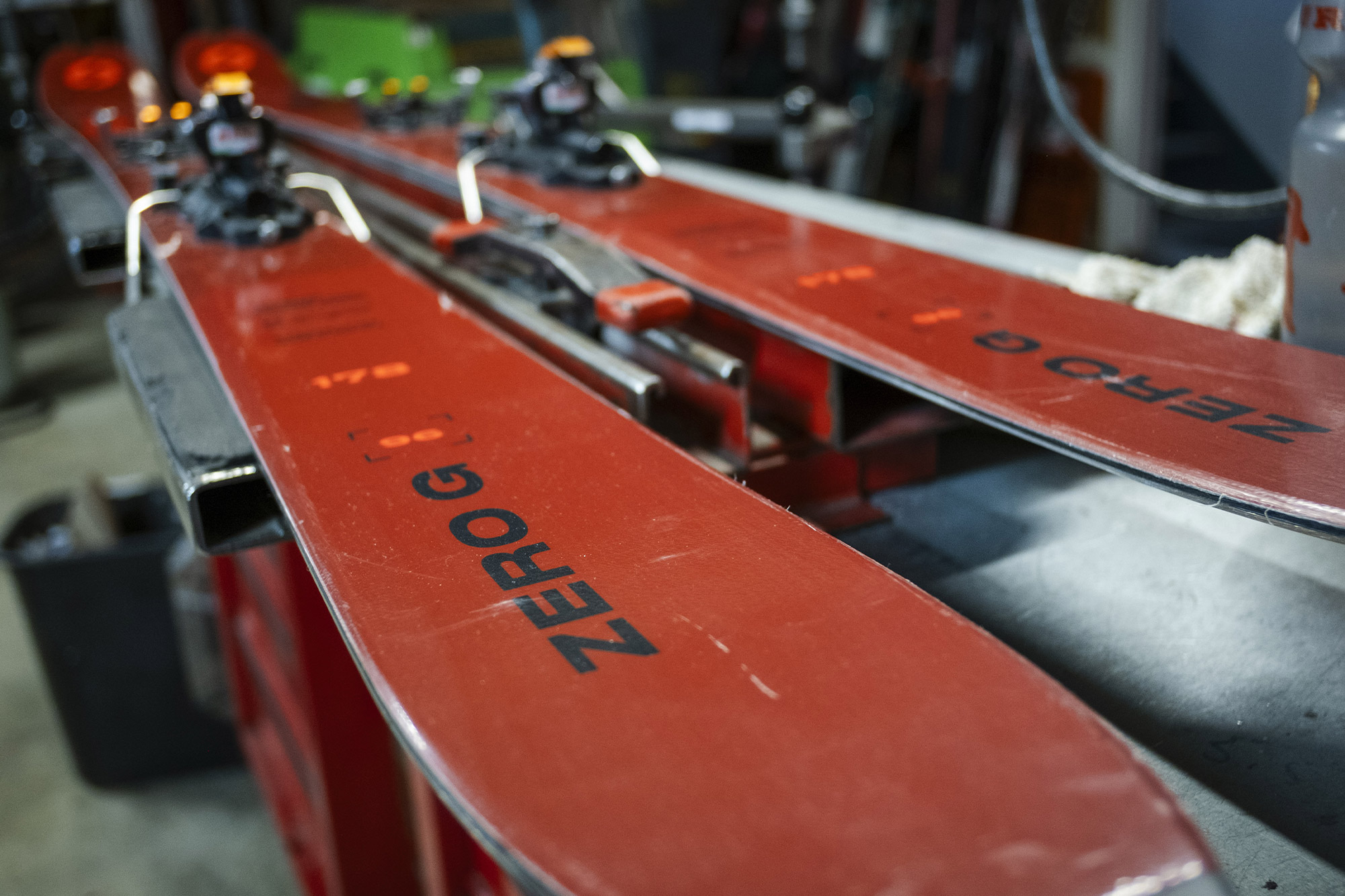 Blizzard Zero G 96 skis in a workshop, ready for tuning and waxing