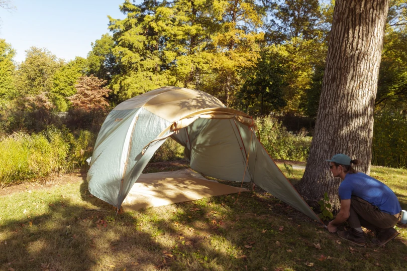 The Big Agnes Bunk House 4 fully pitched on a shaded campsite