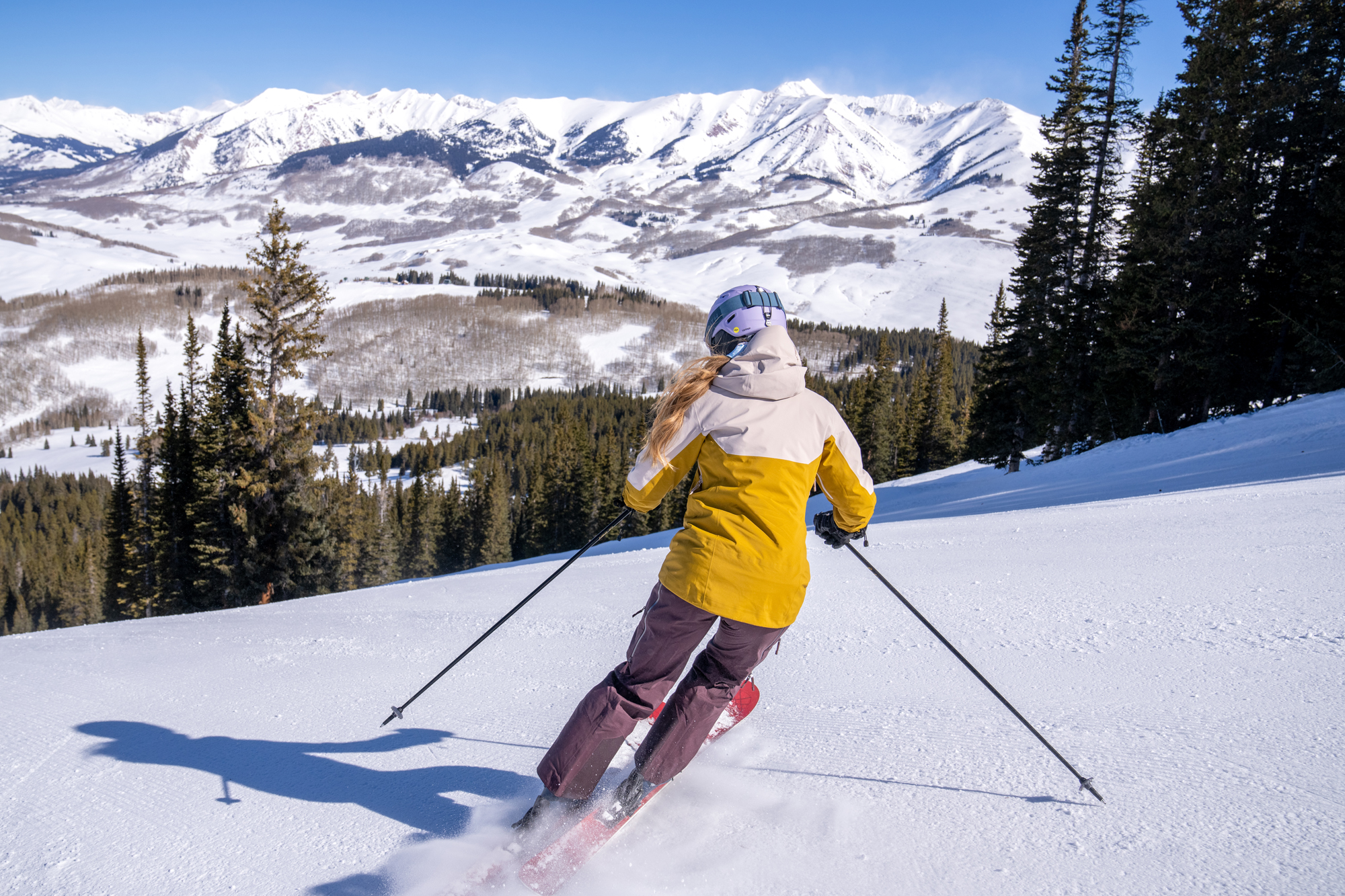 Female skier descends slope - back view