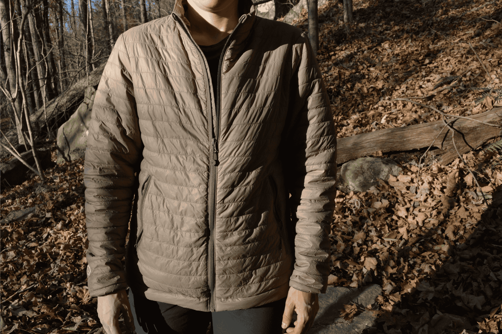 Close up shot of zipped up brown jacket