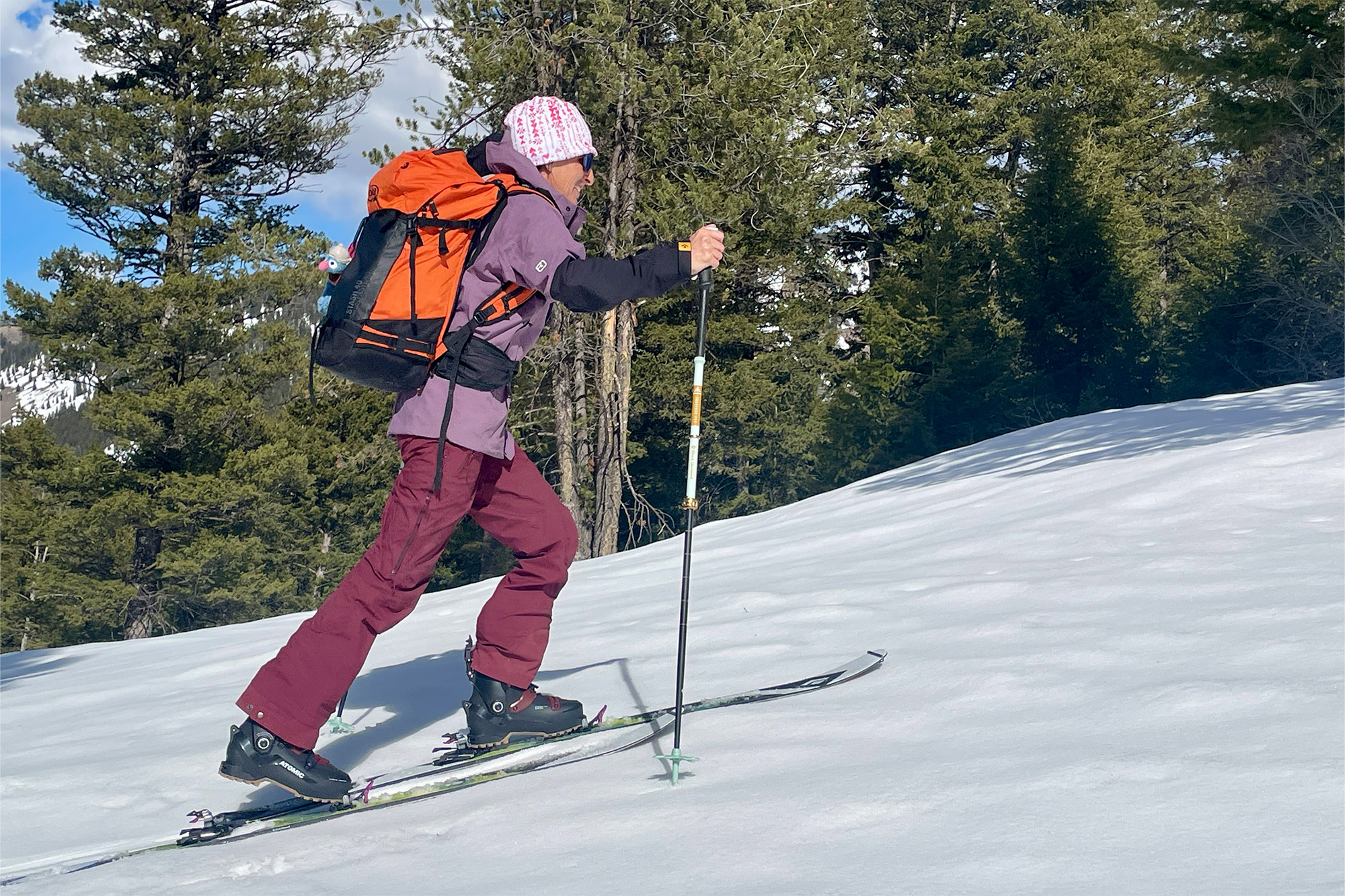 Touring uphill with the boot flexing naturally on the skin track