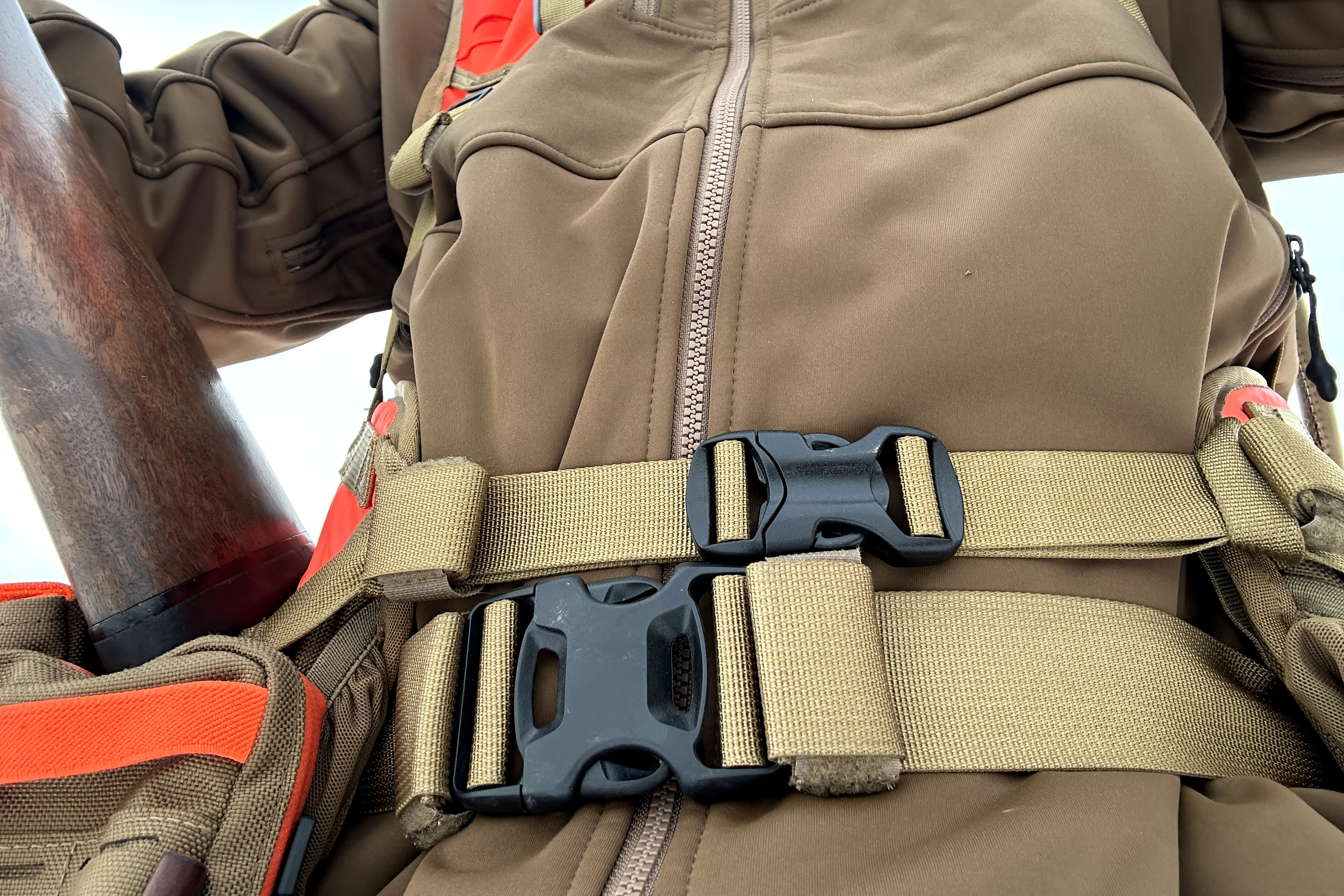 Two waist belts strapped together on an upland bird hunting vest.