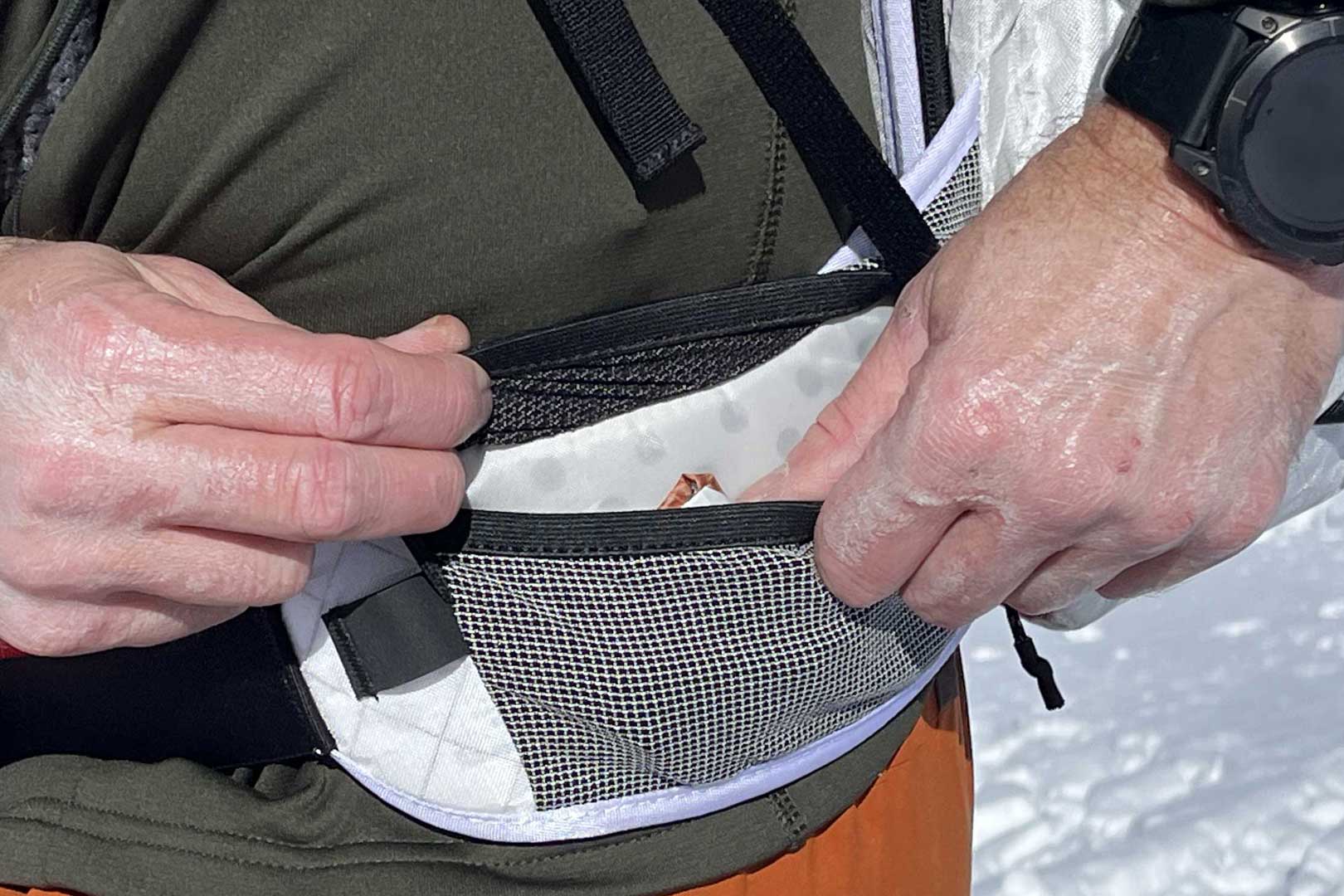 The left hip belt pocket on the Raide Research LF 30L is a stash pocket and great for tucking trash; (photo/Steve Graepel)