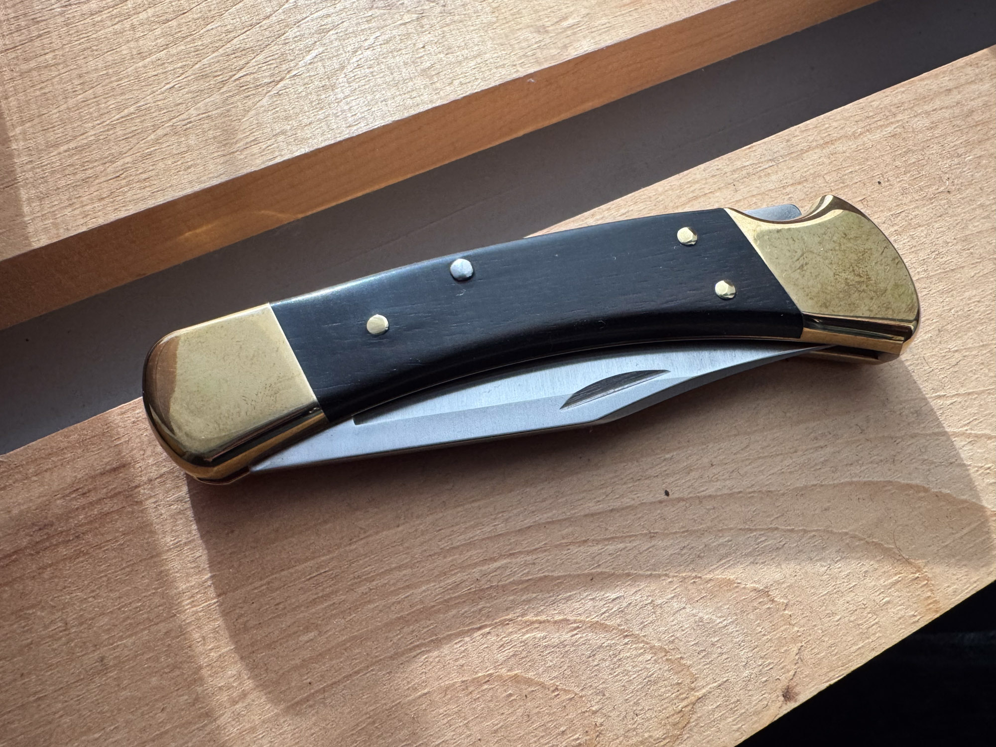 the closed buck 110 knife on a wooden table