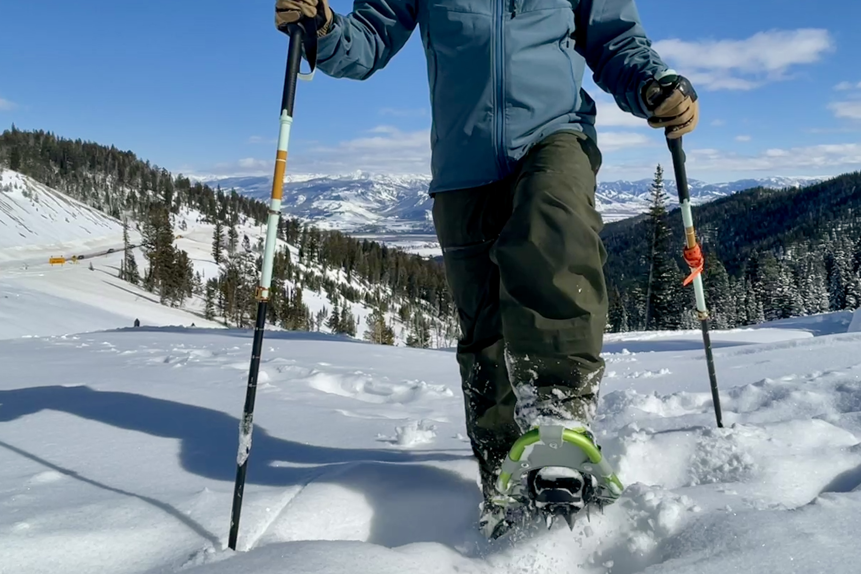 Tubbs Mountaineer showing crampons in snow
