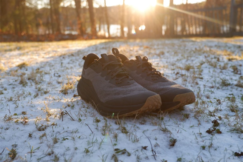 A pair of shoes placed on snowy grass with trees and sunlight behind them