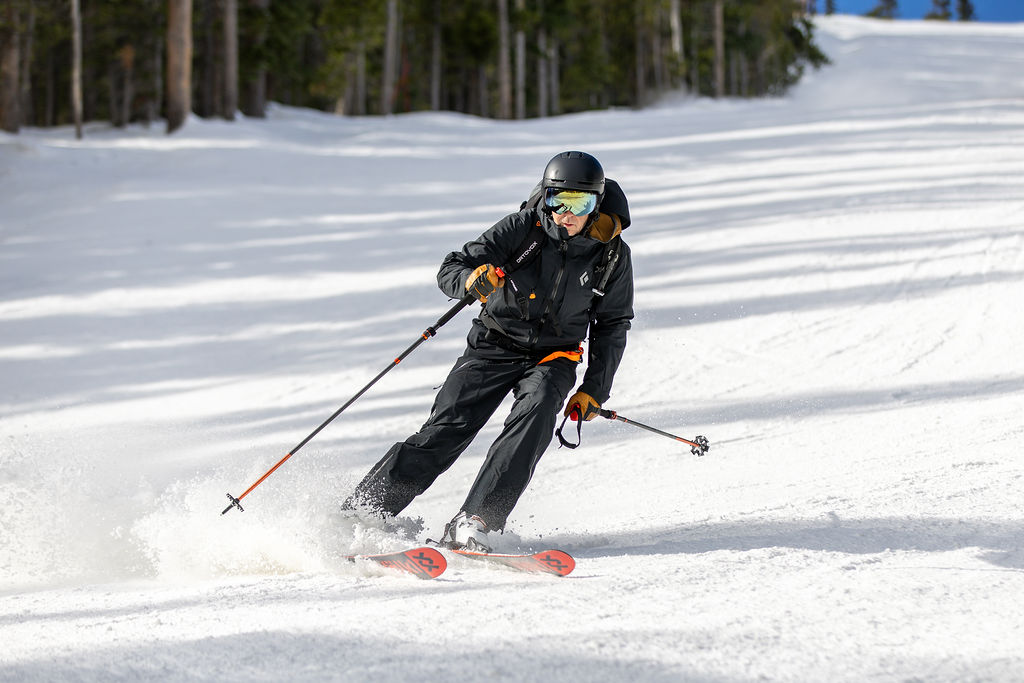Skiing downhill at speed in the Maestrale RS boots