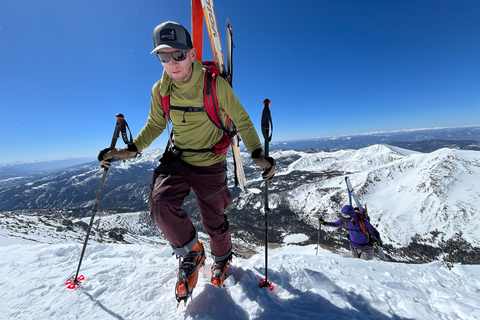 Climbing on a steep ridge wearing the Scarpa Maestrale boots