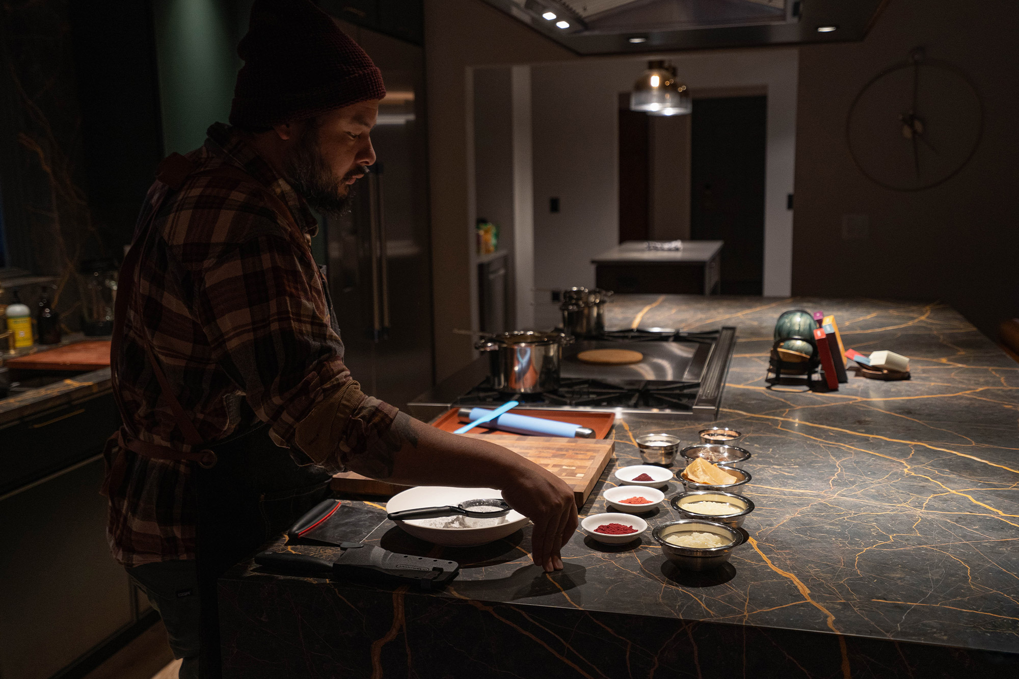 Ingredients for natural chewing gum are arranged on a kitchen counter