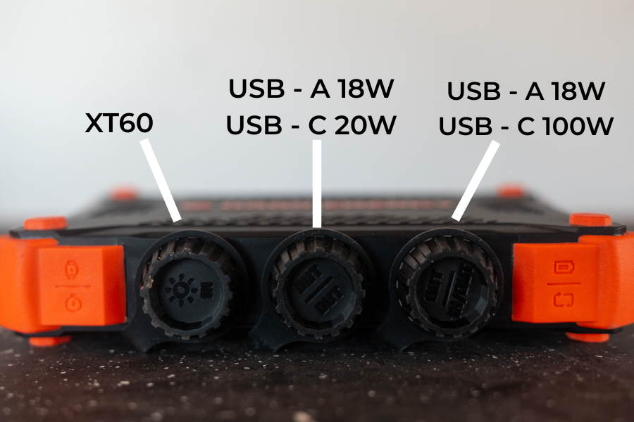 Ports labeled for USB and XT60 connections on the power unit