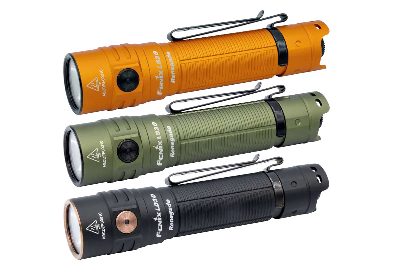 Three colors of the Fenix LD30 Renegade Flashlight
