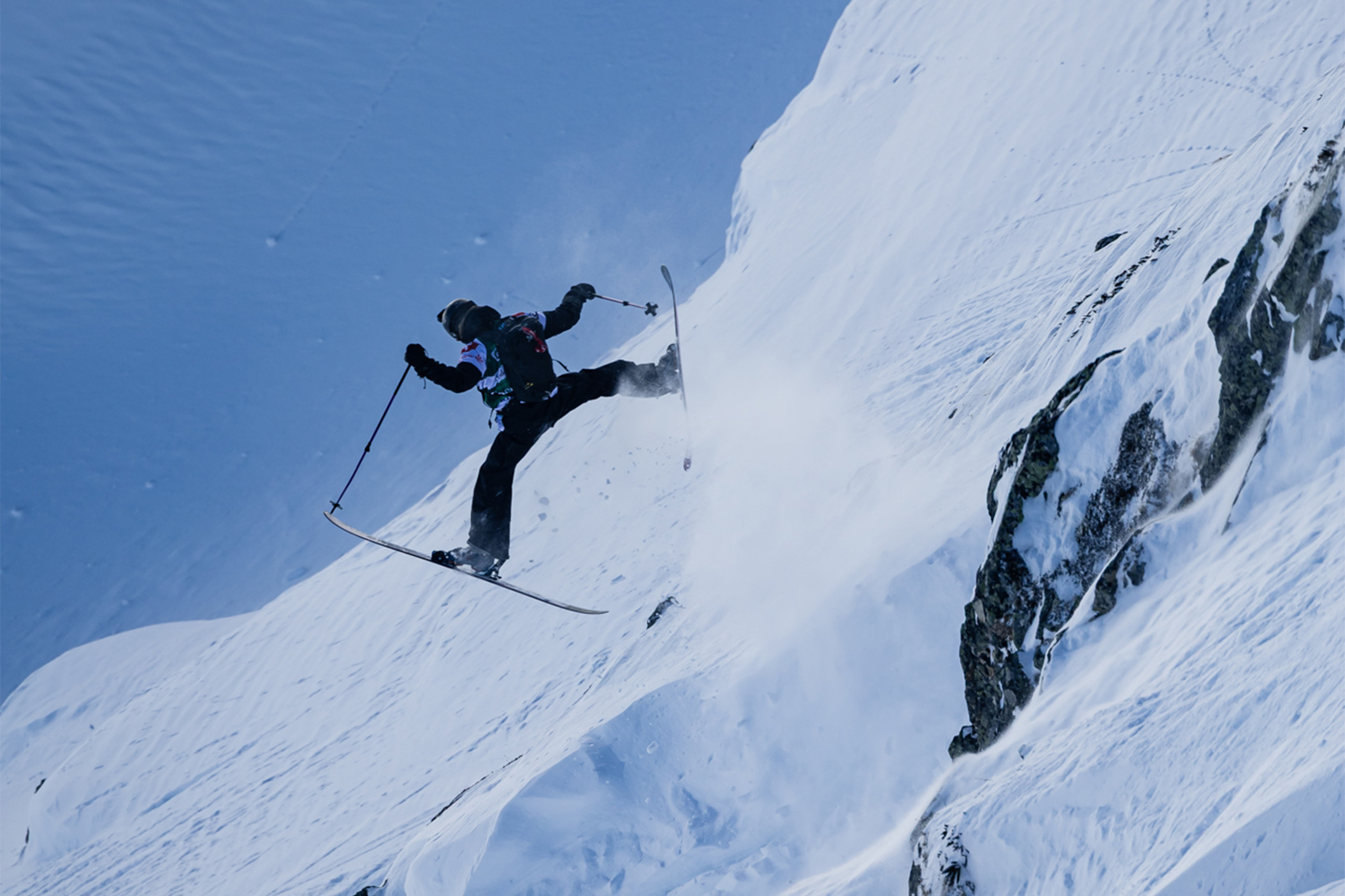 Skier Martin Bender doing spread eagle