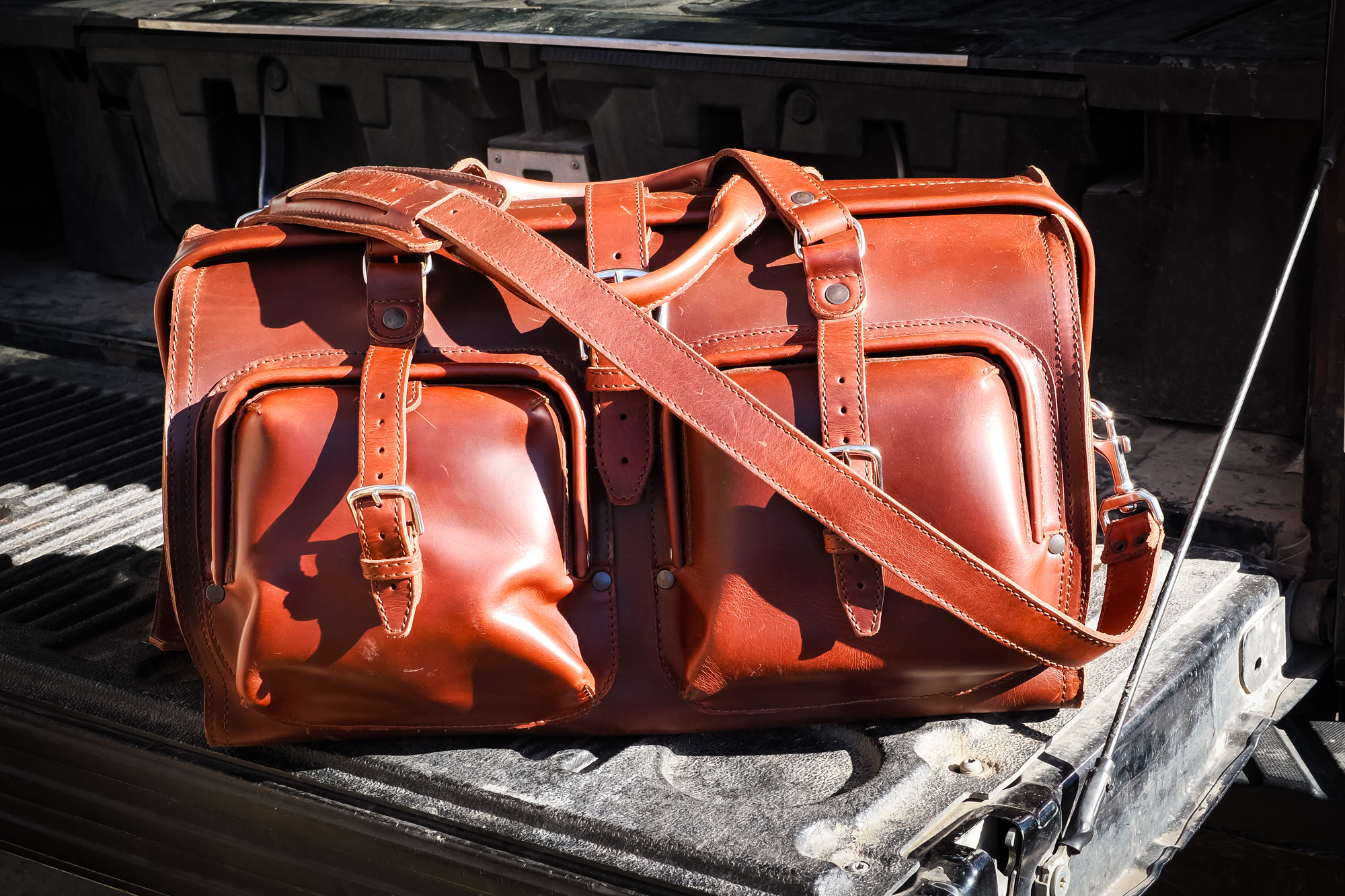 Saddleback Leather Company deep pocket duffel in pickup bed