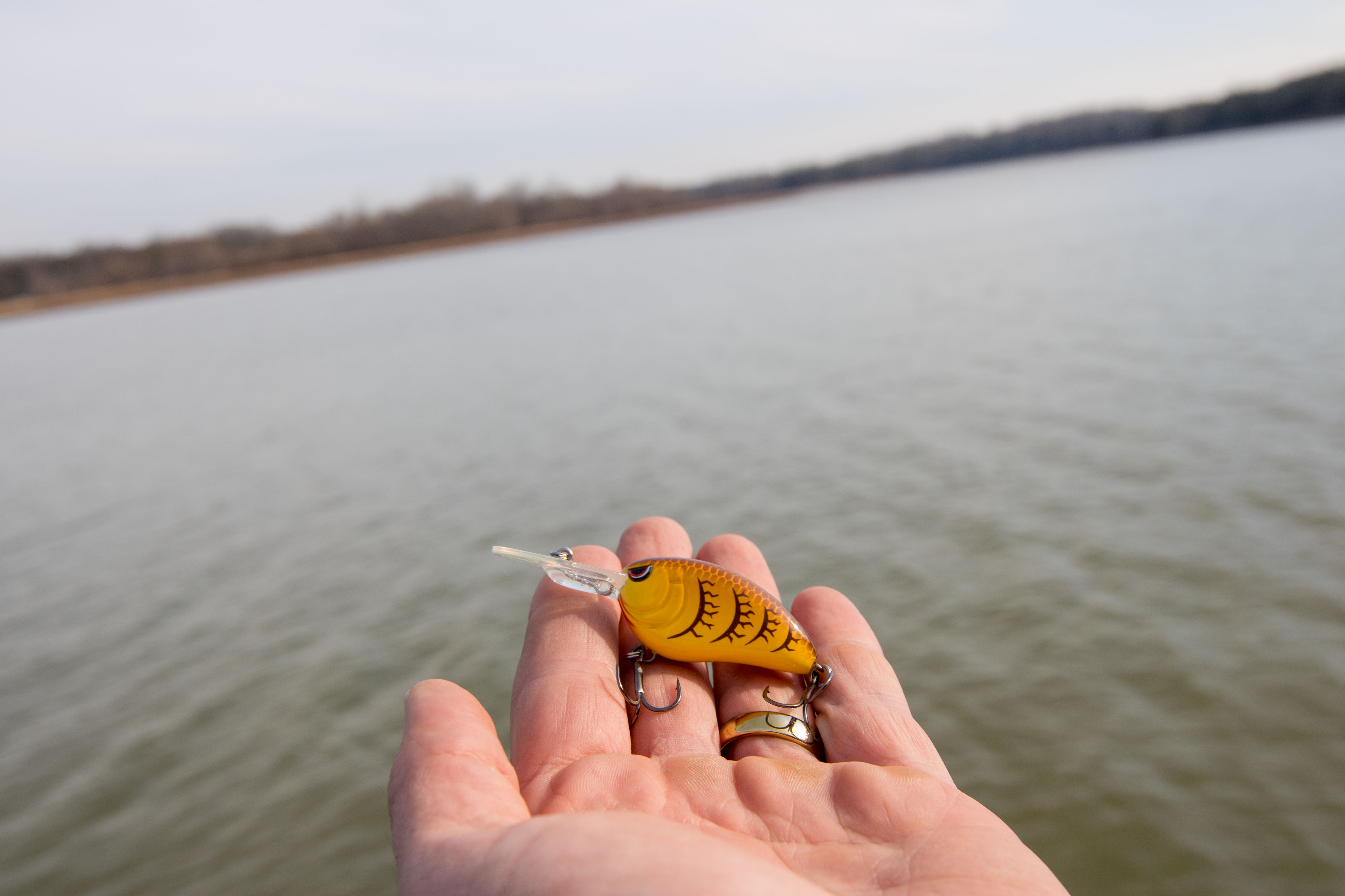 A small crankbait in someones finger tips being held over a lake.