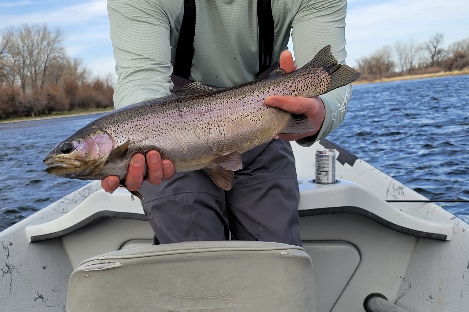 An angler holding a rainbow trout in a driftboat.