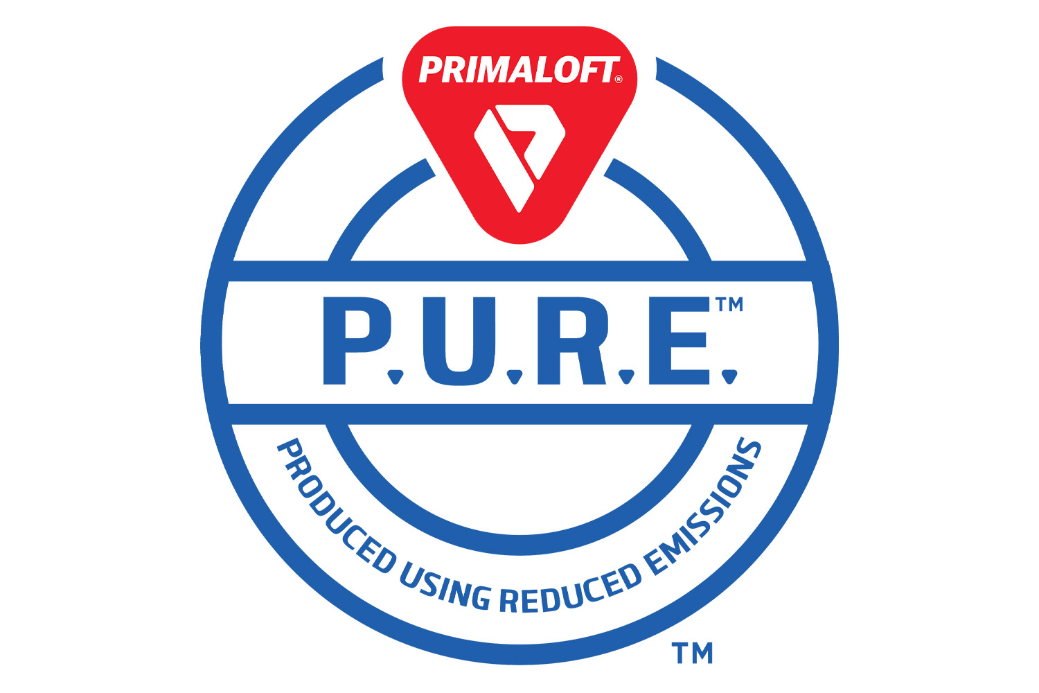 A circular PrimaLoft PURE label showing the PrimaLoft logo and text stating the insulation is produced using reduced emissions