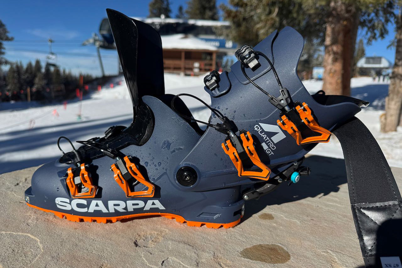 Scarpa ski boot opened with cuff tilted back and buckles undone
