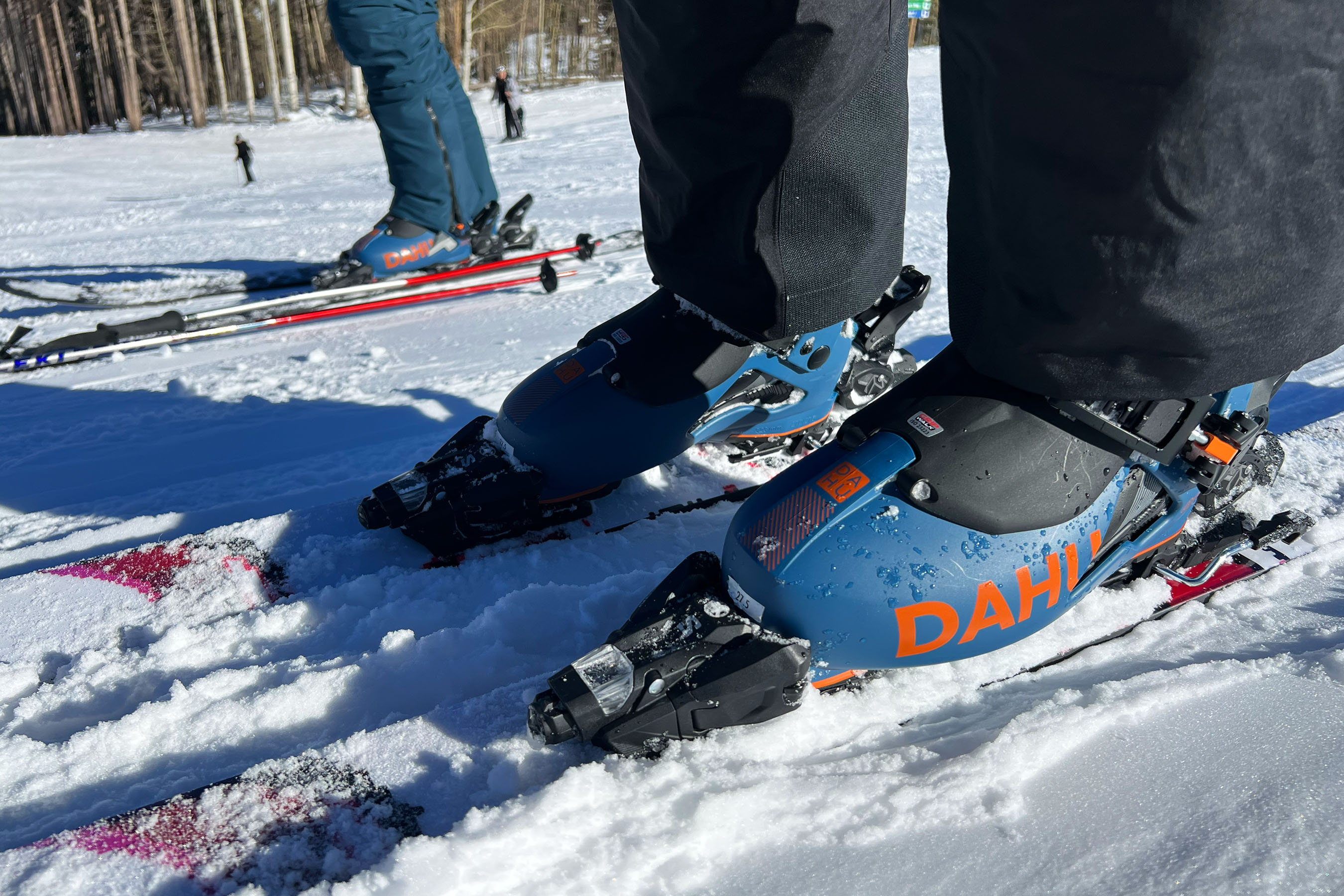 Dahu ski boots on skis.