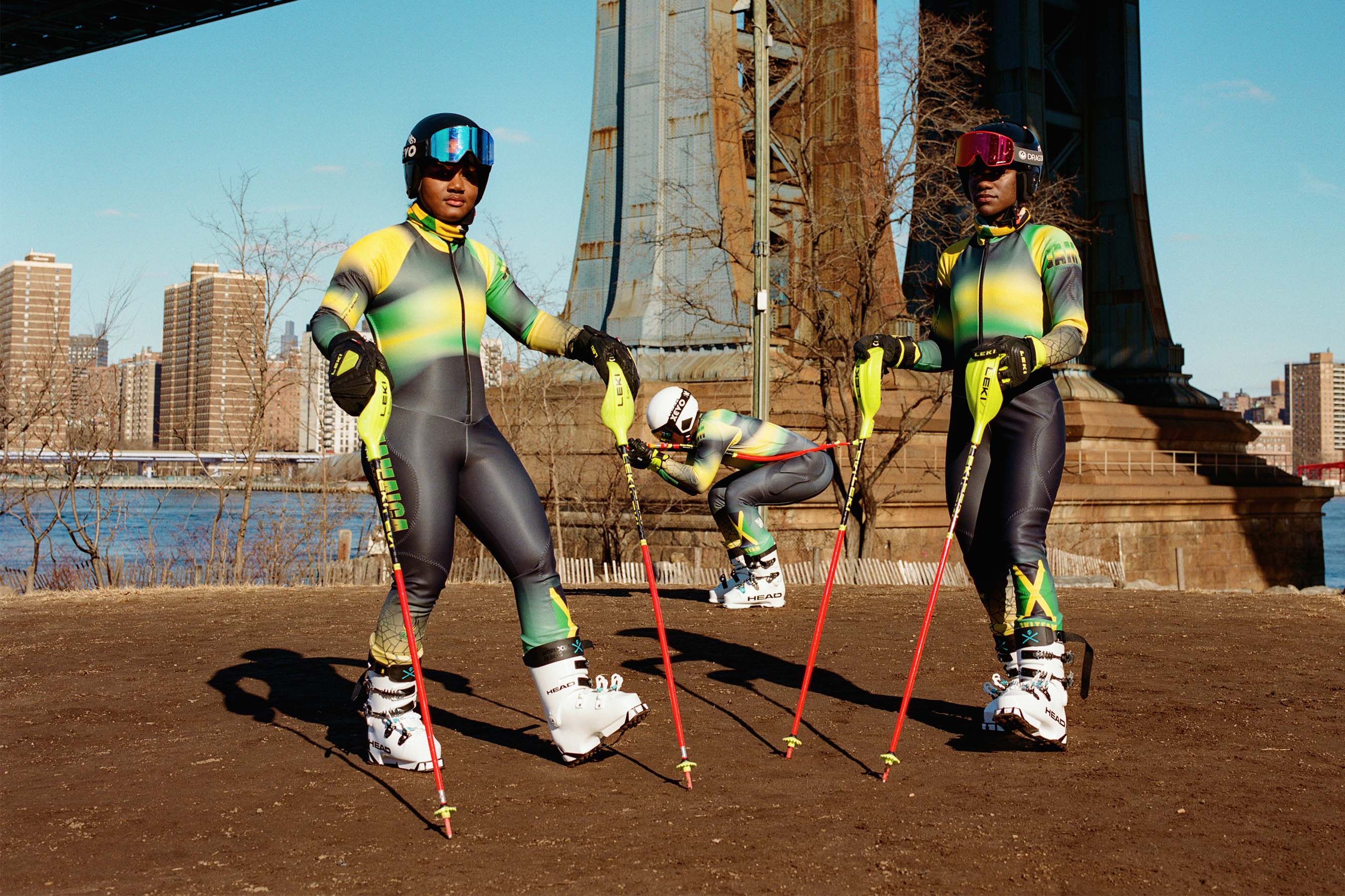 Jamaican ski team under the Brooklyn Bridge