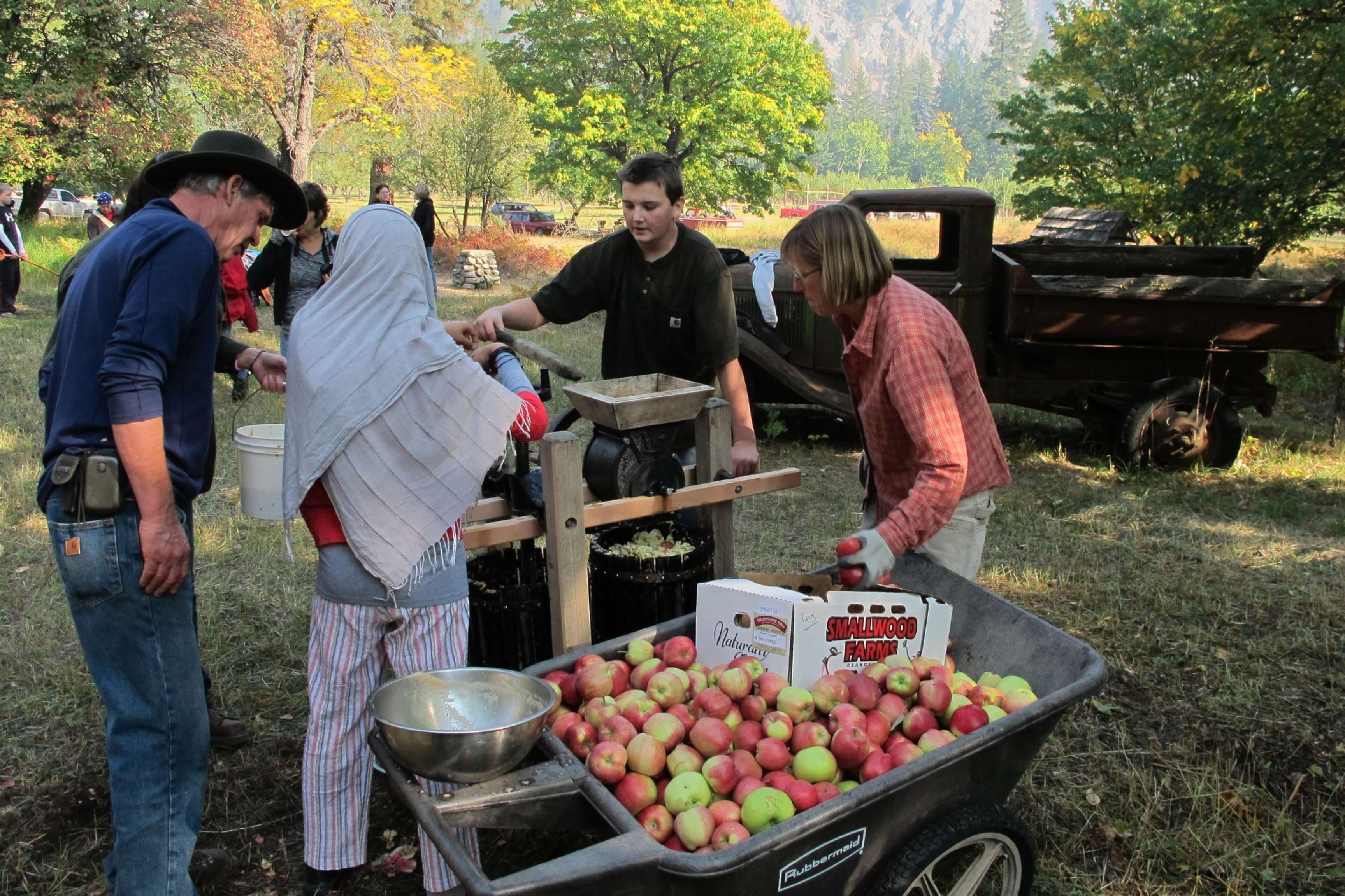 people stand by wheelbarrow of apples