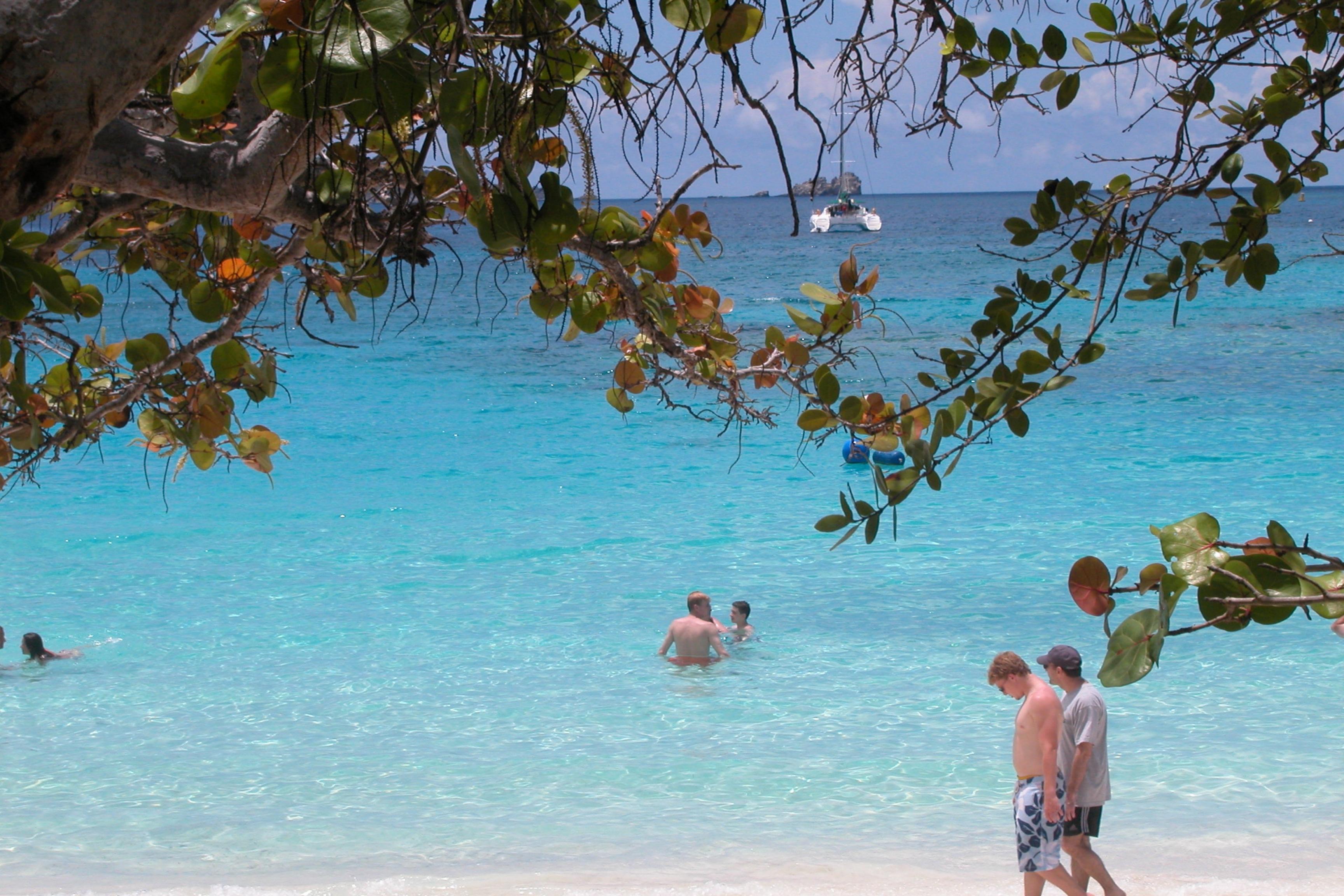 People walk along beach